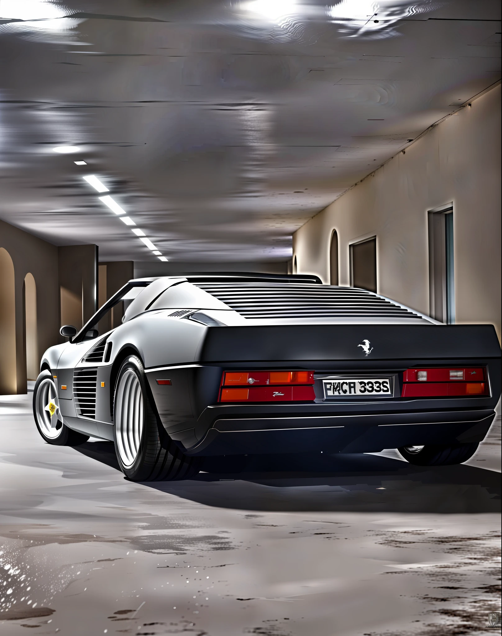 Ferrari Testarossa, convertible. musclecar, bigger fenders, wide wheels, curvilinear body. metallic silver color. reflective, photorealism, inside a garage, poor lighting. --auto --s2