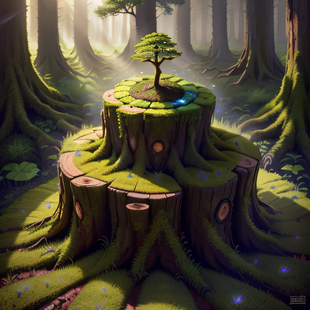 tree stump glowing moss ball anthill ant leaf singular realistic