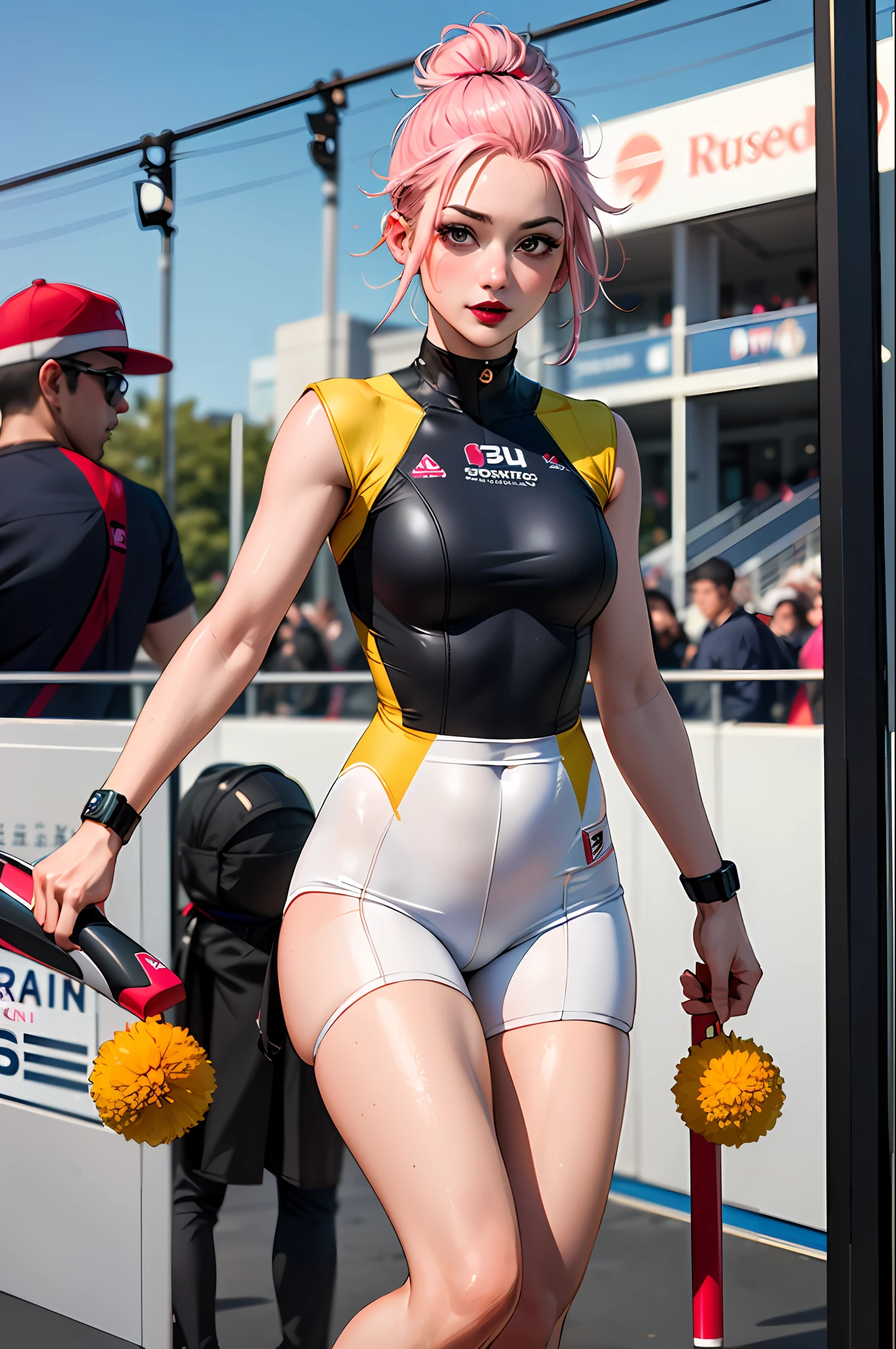 (masterpiece:1.4)、(top-quality:1.4)、
1girl in, Bewitching Grid Girl, Pink hair, looking at the viewers, 独奏 ,realisitic,(shinny skin),(masterpiece:1.4),(top-quality:1.4),red-lips,racing venue
