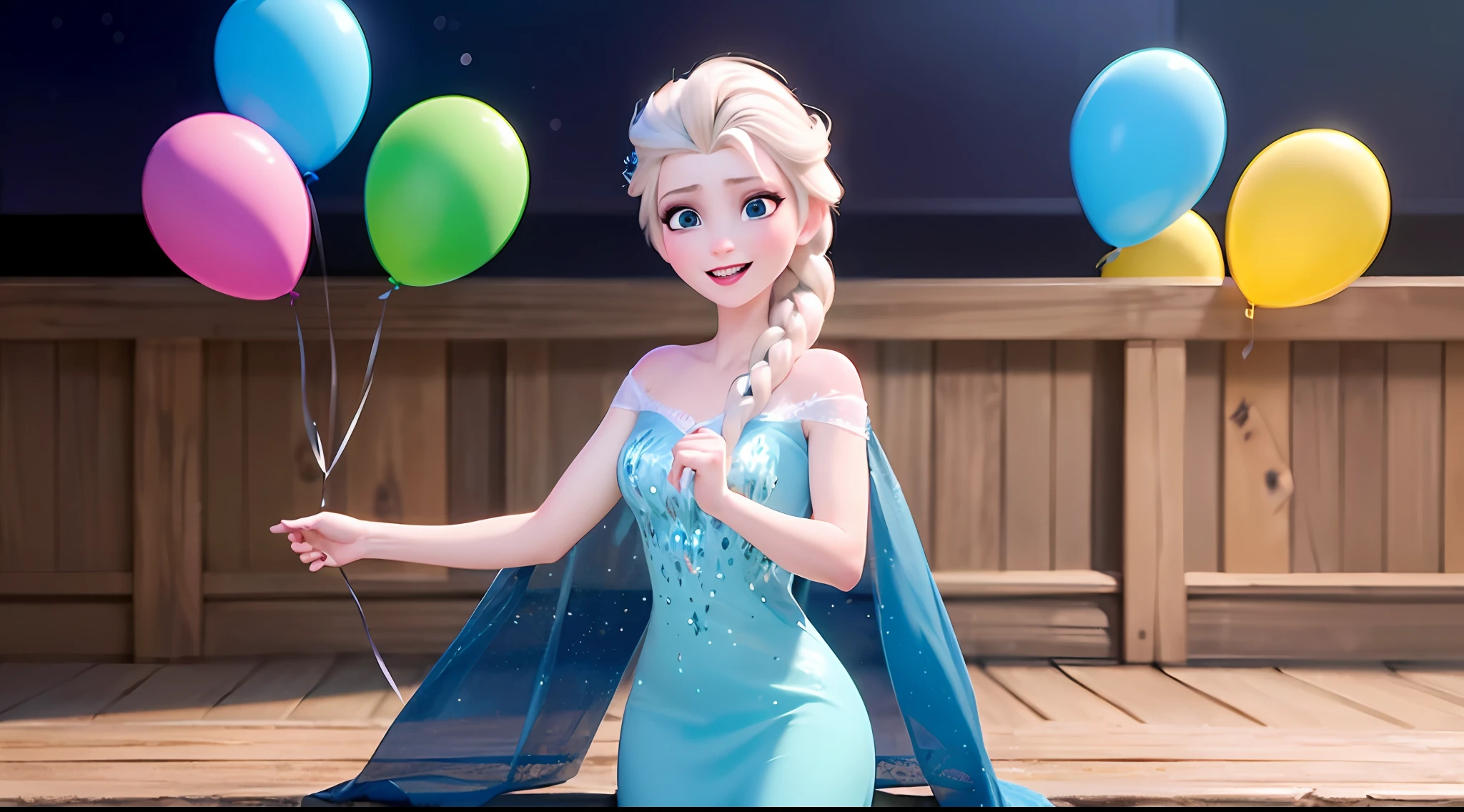 (obra maestra:1.4), (mejor calidad:1.4), (High resolution:1.4), Elsa de Arendelle, They are smiling, Vestido de Ice Queen, dormitorio, mirando al espectador, 1 girl solamente, Enfoque en solitario, Elsa with many birthday balloons