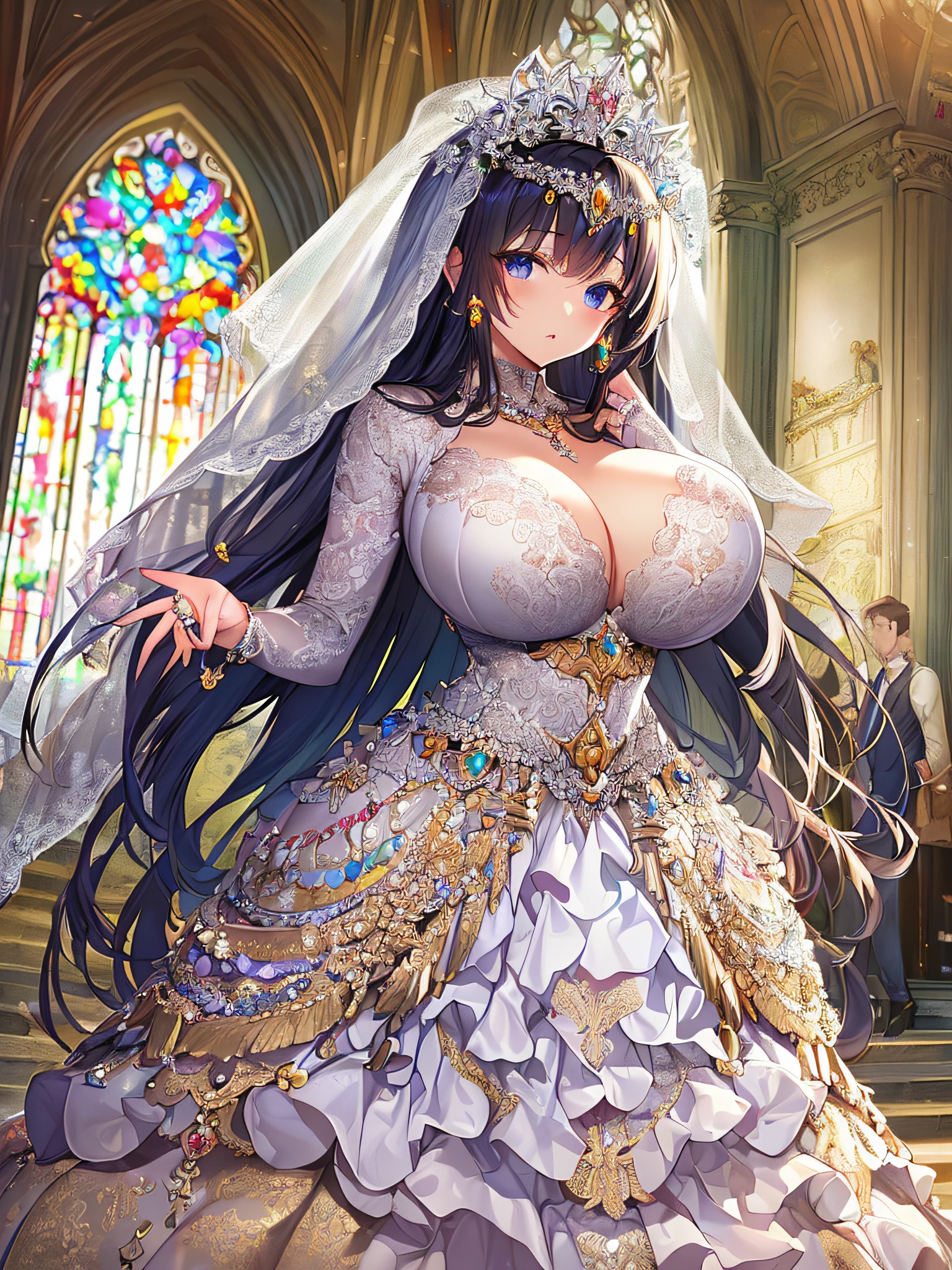 ((anime artstyle)),(Masterpiece),(Best Quality), (Super Detail),((Very Delicate and Beautiful)),Focus on character,Dynamic Angle,Looking at viewer,((Solo)),standing,((full body)),((one princess in gorgeous ball gown wedding dress with voluminous skirt)),((June bride)),detailed face and eyes,jewel-like eyes,((Very Long voluminous Hair)),gorgeous embroidery and lace,((gorgeous corsage)),See-through,(Gorgeous jewelry ornaments),luxury hair ornament,luxury tiara with jewels,(gigantic breasts,Long breasts),(indoor,church wedding),((full body)),hoop skirt,crinoline,very long wedding veil,(((fusion of jeweled wedding dress and gorgeous embroidery rococo ballgown))),