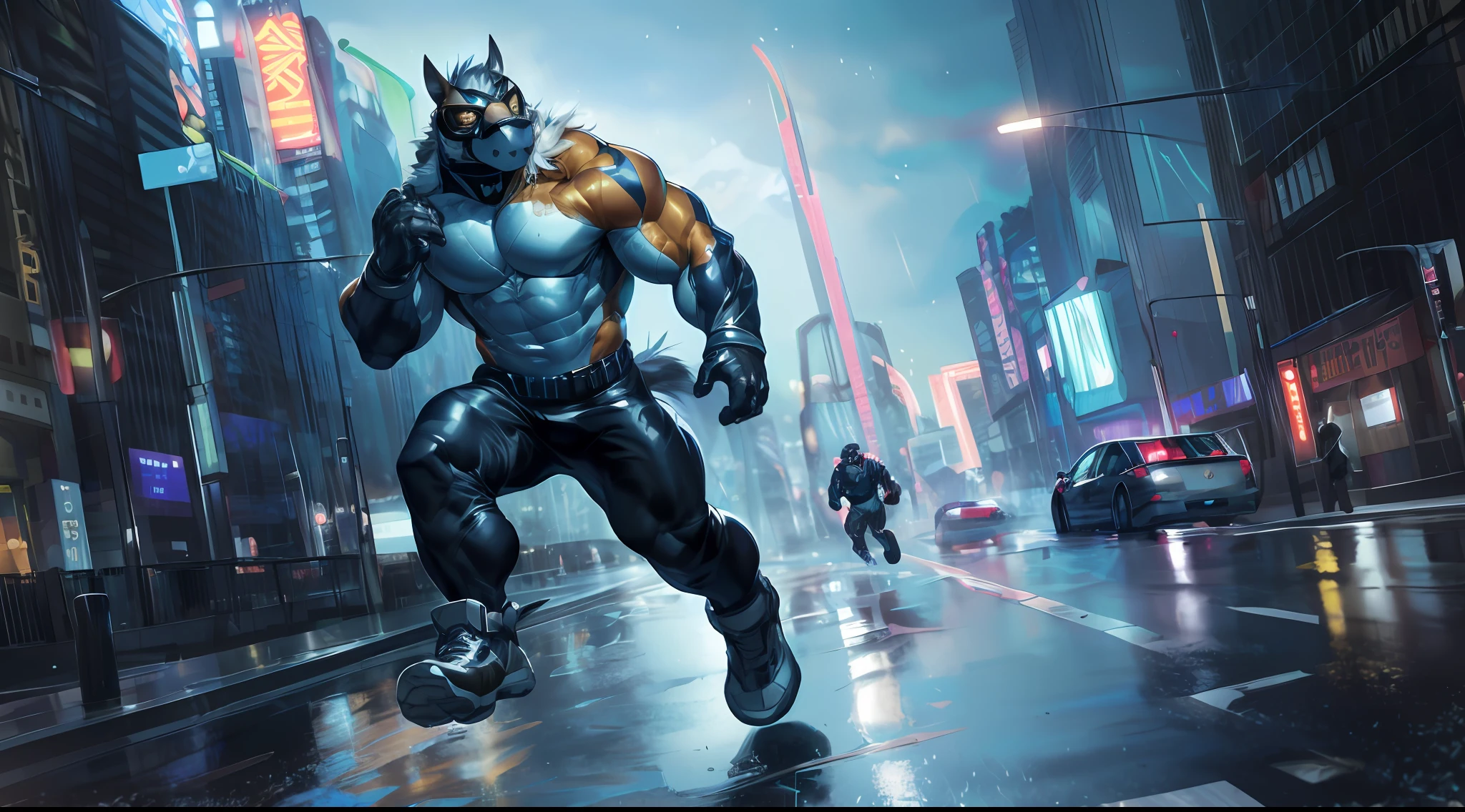 2d, masterpiece, best quality, 4k, 8k, ultra highres, raw photo in hdr, sharp focus, photo realism ,real life like, in a night city, detailed background, solo, (gloves, mask, skin tight), big pink, sweat, (by null-ghost, by thebigslick, by darkgem, by honovy), Horse anthro, male focus, perfect golden eyes, full body, sfw, Rain, Running,