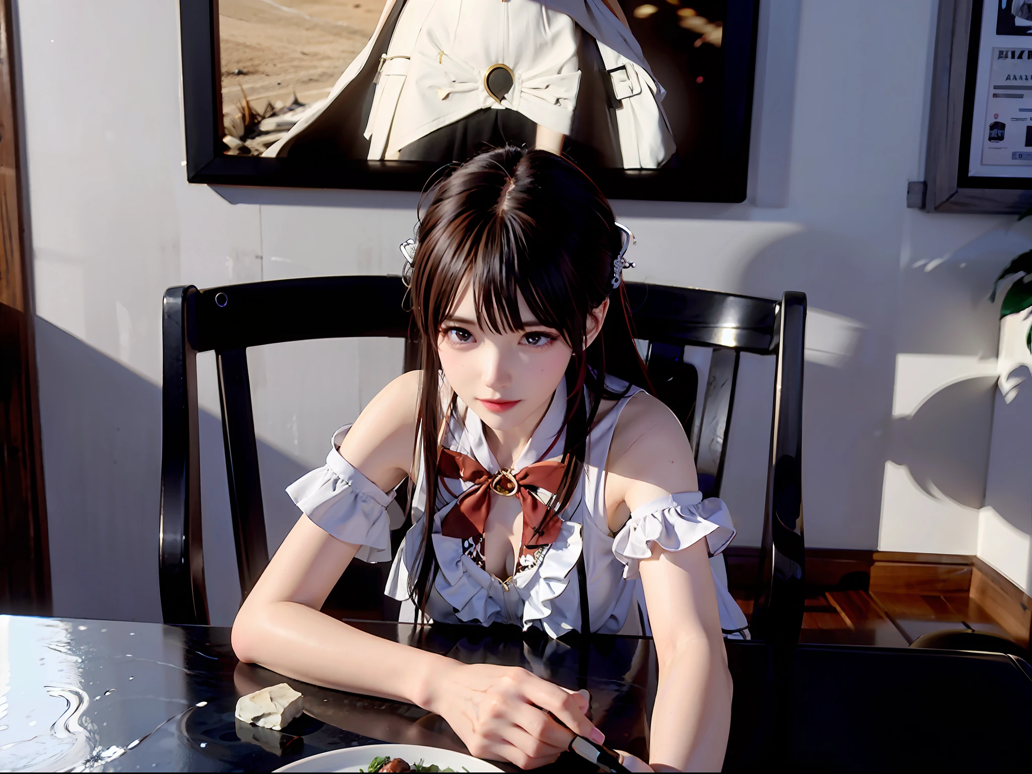 extreme hight detail,8K,one-girl。interior scenes,At the table,frowned upon,Eating stones