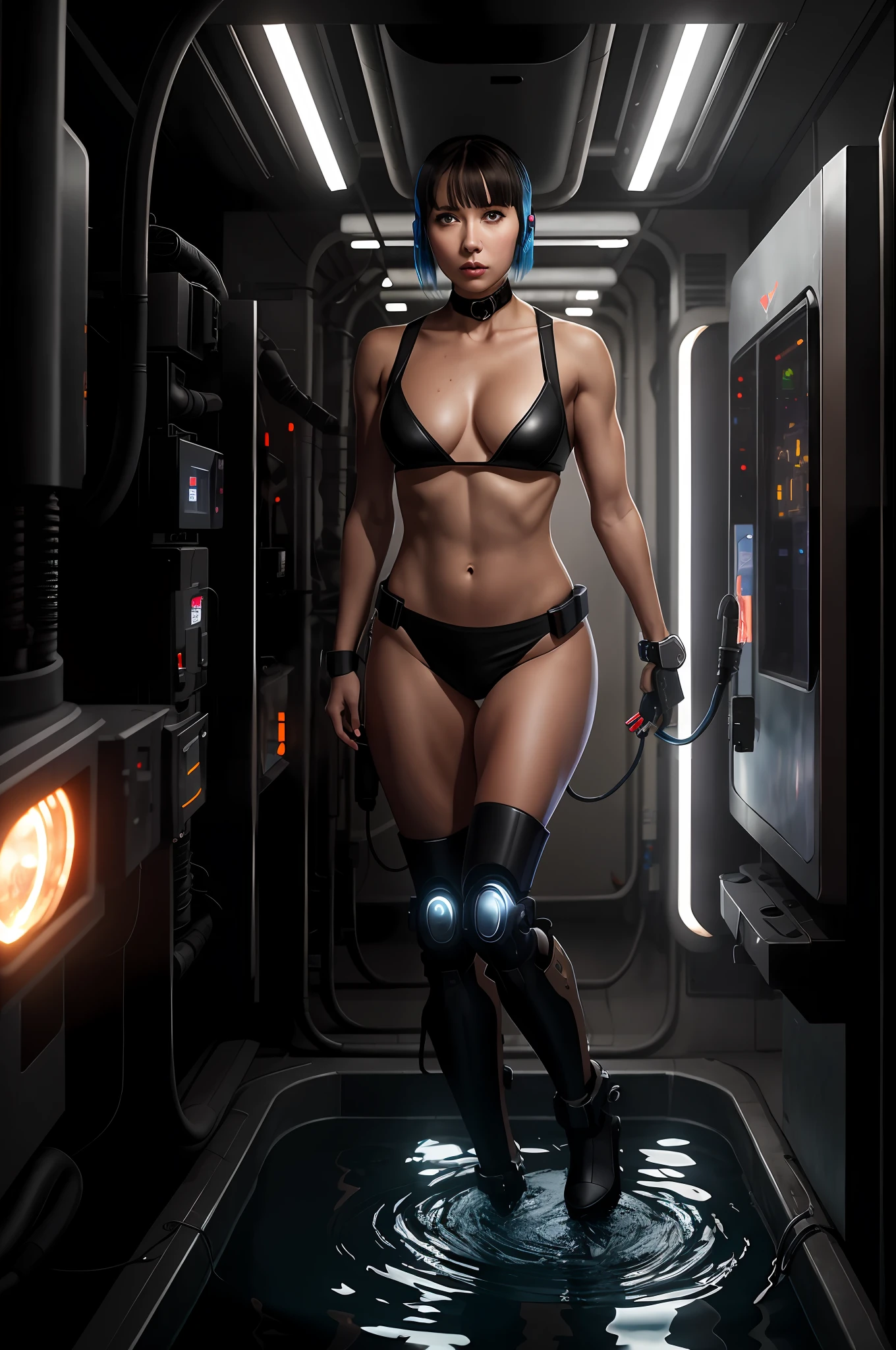 dystopian， [sci-fy]， High-detail RAW color photos， full-shot， 's （cute female arterial intelligence， cybernetically enhanced）， inside in room， standing on your feet， （In a cryogenic chamber， In a state-of-the-art cyberpunk research facility）， Toned physique， （Small lively breasts， normal， big assa， （paleskin）， （cybernetic implants：1.2）， （enhancer）， （cyborg people：1.1）， （Detailed skins， Diffuse of skin pores）， silica gel， metals， （highly  detailed， finedetail， 复杂）， （lens flare glow：0.4）， （Flood：0.4），diffused soft lighting，Ray traching，shallowdepthoffield，（Oliver Waite），taken on a Canon EOS 5D，90mm micro lens，f / 8，Clear focal length，smoothness，Motion picture film，A scene from the《Blade Runner 2049》，[cyber punk perssonage：Dieselpunk：0.25]，Bare upper body