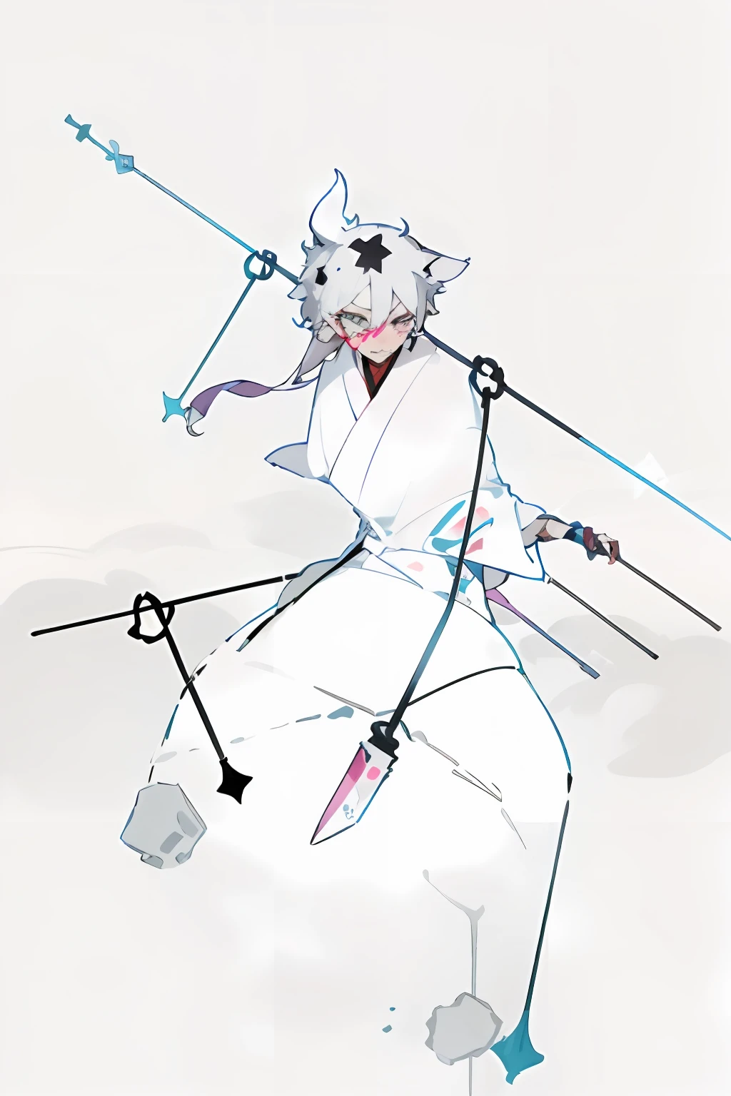 Black hair, hair bobbles, wince, long eyelasher, solid circle eyes, Fake animal ears, Light smile, Ear blush, Fang, Striped hair, White hair, hair between eye, crossed bangs, hair over shoulders, Long hair, Messy hair, surrealism, shadowing, anaglyph, stereograms, tachi-e, angle of view, Atmospheric perspective, Anime, first person perspective, 8K, Super detail, ccurate, Best quality, hyper HD, Masterpiece, Half-squat woman in black stockings,He holds a large knife in his right hand,He wears a loose kimono,The chest is wrapped with a bandage,Wounds in the mouth,Eyes resolute,Angry eyes,Wearing a red kimono,exposing thighs,Knife in left hand,Prop your right hand on the ground,Standing on a barren mountain