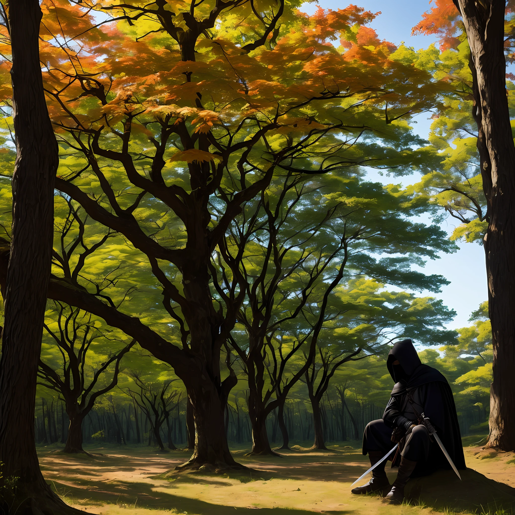 A maple forest,A black-clad swordsman with a mask sits under a maple tree,Dim light,eventide --auto