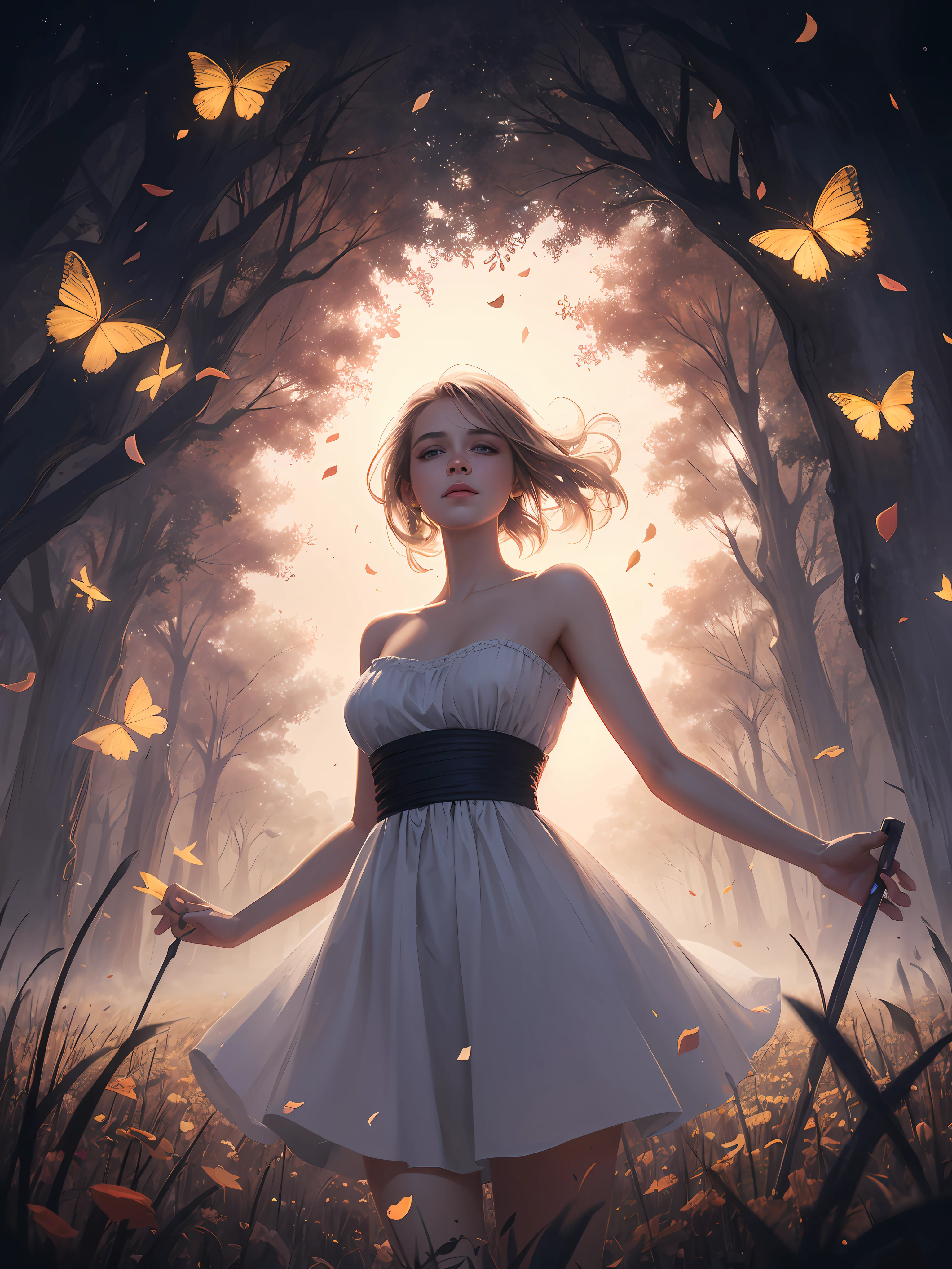 1girl, solo, full body, (masterpiece:1.21), (best quality:1.2), colorful, (illustration:1.2), (cinematic lighting:1.1), (bare shoulders:1.21), (collarbone:1.21) in this whimsical A beautiful and dreamlike garden, the scene is illuminated by a rainbow (colorful fireflies) dancing in the air. Pastel (drizzle) adorns the garden, creating a hazy and ethereal atmosphere. In the center of the picture, stands a single girl, an extremely beautiful girl, with lovely facial features and an innocent expression. Her long hair fluttered in the wind. She wore a low-cut strapless dress that accentuated her curves. The lighting is very delicate and beautiful, creating a soft warm glow that accentuates the water and makes it sparkle like a diamond. The finest grasses are also illuminated to create a lush carpet. The garden is surrounded by colorful flower fields with flowers of all colors and shapes. Various colors and sizes (coloured butterflies) can be seen flying around the scene, adding to the overall sense of wonder and magic. (Everyone, judges), a blush can be seen on the bridge of the nose, and the mouth is slightly opened, which adds to the overall sense of innocence and youth. Falling petals can be seen waving around her, adding to the overall sense of romance and beauty. The breeze is blowing, the leaves are rustling, and the flowers are swaying, adding to the overall dynamism and vitality. It is a scene of pure wonder and magic, full of color and beauty, where the viewer can lose themselves in this enchanting and captivating world.