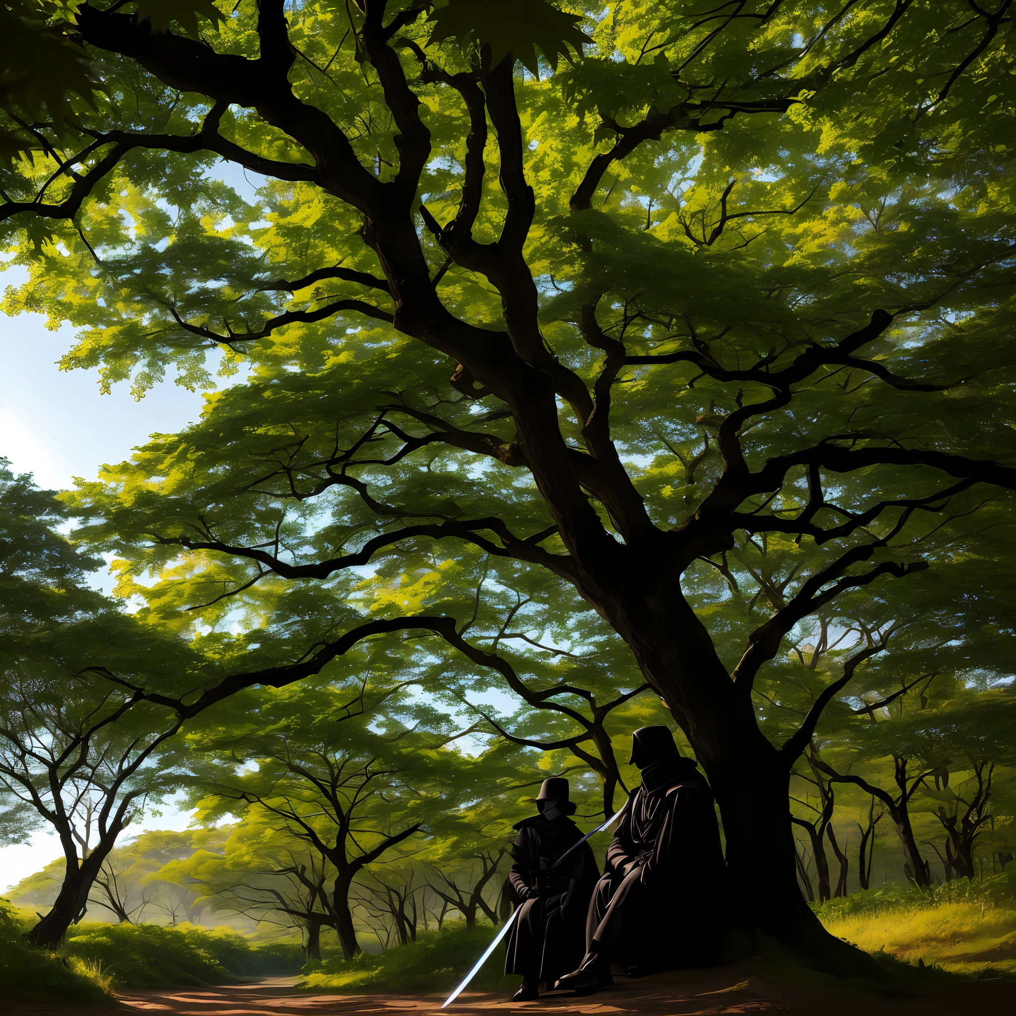 A maple forest，A black-clad swordsman with a mask sits under a maple tree，Dim light，eventide --auto