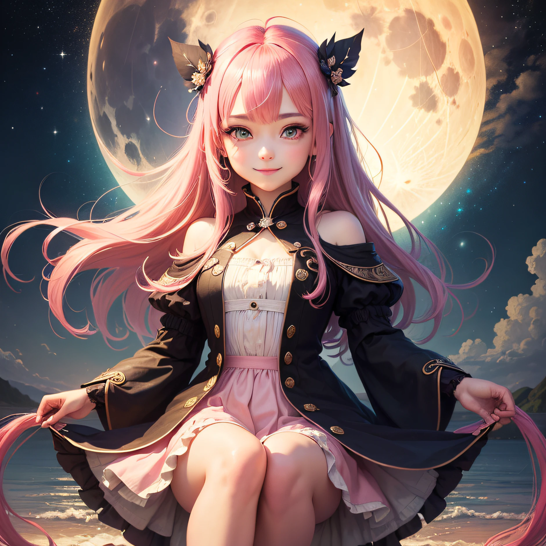 (High-quality masterpieces:1.5)、high-level image quality、1girl in、a smile、Long pink hair、The eye(beautidful eyes)、a miniskirt、Ahoge、Background with(nigh sky、a moon、stele) --auto