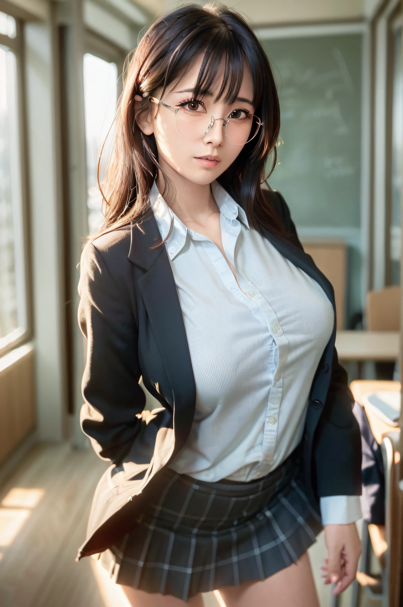 25 years old woman(glasses eyes), milf, ((at classroom)), ((school uniform)), RAW photo, (photorealistic:1.37, realistic), highly detailed CG unified 8K wallpapers, 1girl, ((perfect body:1.1)), (medium breasts:1.2) , looking at viewer, (((straight from front))), (HQ skin:1.2, shiny skin), 8k uhd, dslr, soft lighting, high quality, film grain, Fujifilm XT3, ((full body:0.8)), (professional lighting:1.4) ,