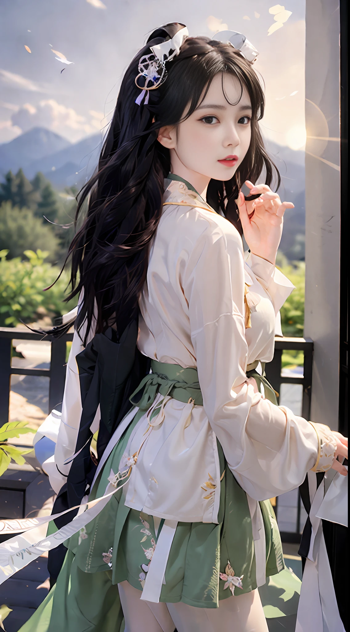 Woman A with heavy makeup,Wear plain clothes and a yellow top,The black eyes reveal a mysterious aura。She has long flowing black hair,The hazy Hanfu echoes the short green and white mountains。She was standing on the balcony,looking into the mountains in the distance,Reflecting the fading sunset in the distance,The picture is pure,Full of confusion and reverie,Panorama composition。full bodyesbian,short skirt