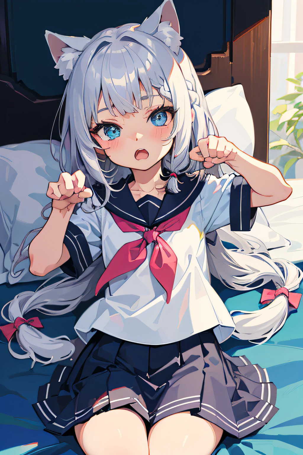 1girl,nightcity,Sateen,Hundred wrinkle skirt,full bodyesbian,illustration,long whitr hair,a sailor suit,adolable