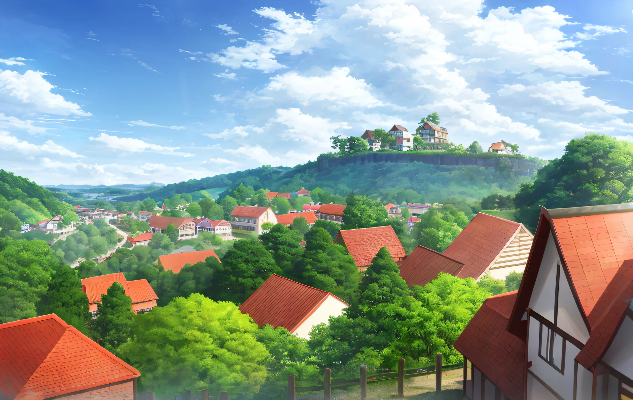 (Natural scenery,Verdant forest),(Peaceful village,Furui),(Towering sky,Smart clouds)