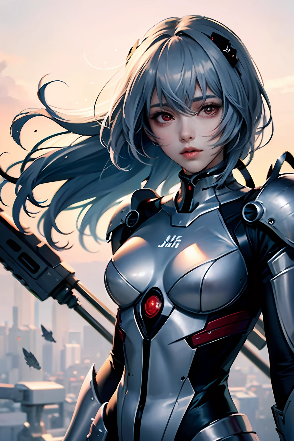 ((masuter piece)),top-quality, illustratio, beatiful detailed eyes, beautiful detailed hair, Floating hair, 1girl in, Ayanami, shorth hair, s Armor, deadpan, skiny, 独奏, turtle neck, body suit, mechs, 城市, a park