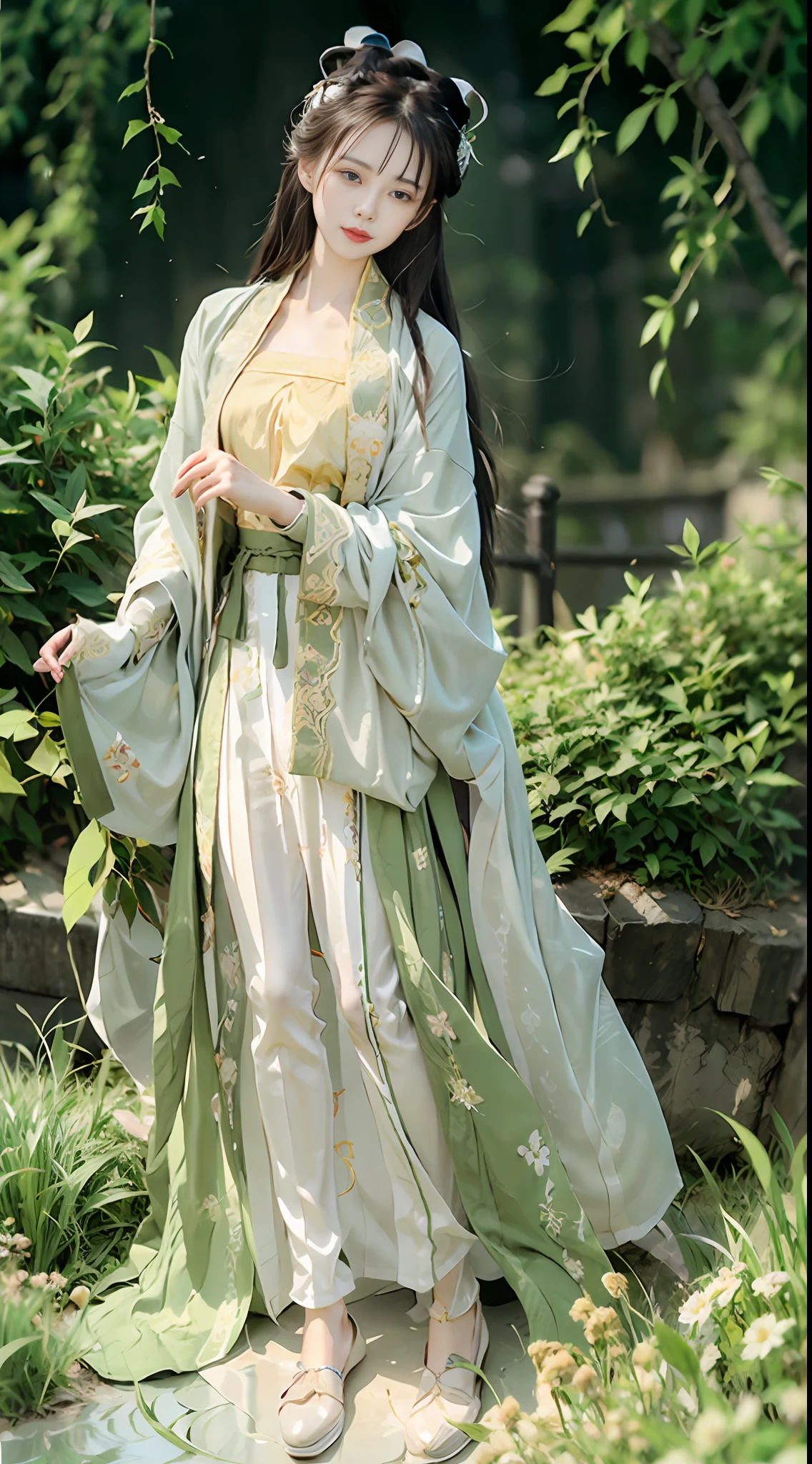 Woman - Wearing an emerald green dress - Light steps - Flowing skirt - Long hair like a waterfall - Purple ribbon around waist - Feminine and moving - Pure girl - Focus on reading Scroll - Qin Qi - Song style costume - Song Dynasty literati Xiangmen Emperor - Elegant atmosphere,Jade foot,Pure,Simple clothing,naive,Yellow-white tones