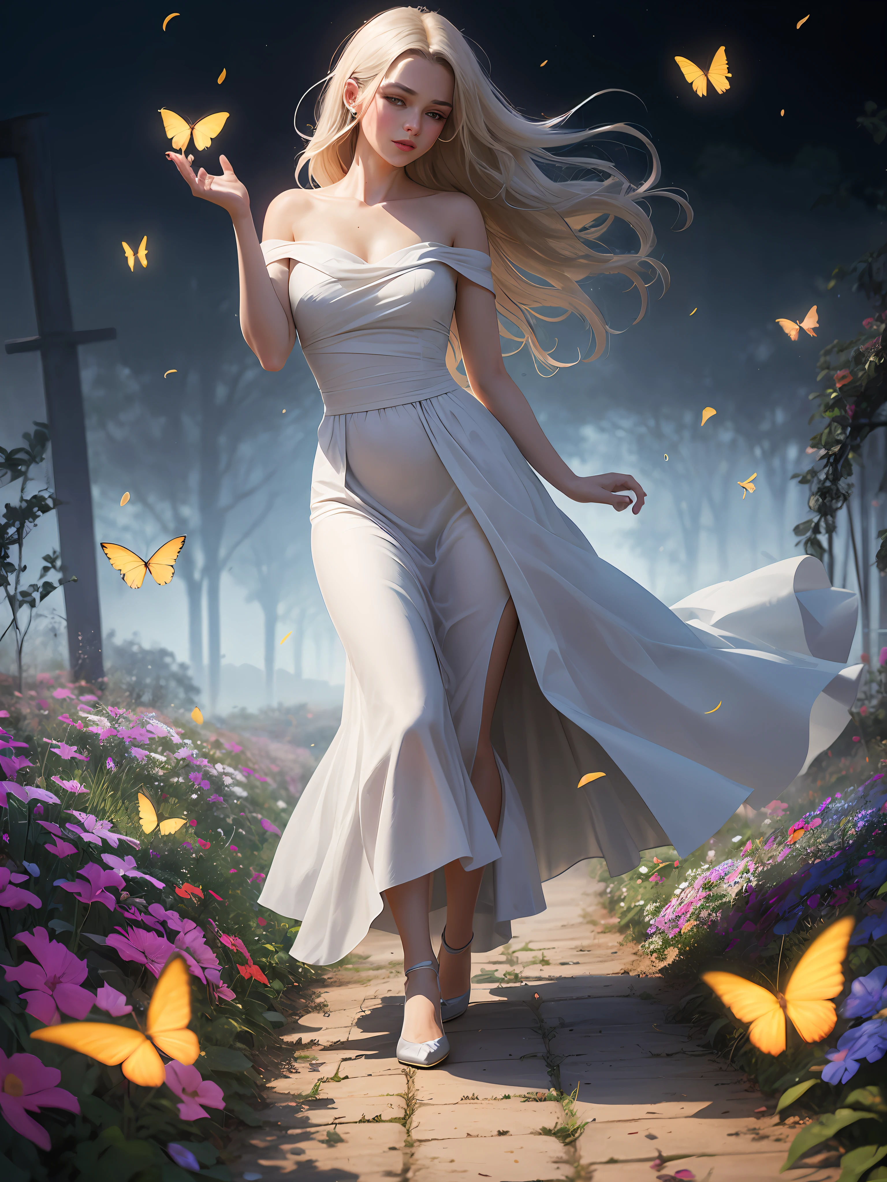 1girl, solo, full body, (masterpiece:1.21), (best quality:1.2), colorful, (illustration:1.2), (cinematic lighting:1.1), (bare shoulders:1.21), (collarbone:1.21) in this whimsical A beautiful and dreamlike garden, the scene is illuminated by a rainbow (colorful fireflies) dancing in the air. Pastel (drizzle) adorns the garden, creating a hazy and ethereal atmosphere. In the center of the picture, stands a single girl, an extremely beautiful girl, with lovely facial features and an innocent expression. Her long hair fluttered in the wind. She wore a low-cut strapless dress that accentuated her curves. The lighting is very delicate and beautiful, creating a soft warm glow that accentuates the water and makes it sparkle like a diamond. The finest grasses are also illuminated to create a lush carpet. The garden is surrounded by colorful flower fields with flowers of all colors and shapes. Various colors and sizes (coloured butterflies) can be seen flying around the scene, adding to the overall sense of wonder and magic. (Everyone, judges), a blush can be seen on the bridge of the nose, and the mouth is slightly opened, which adds to the overall sense of innocence and youth. Falling petals can be seen waving around her, adding to the overall sense of romance and beauty. The breeze is blowing, the leaves are rustling, and the flowers are swaying, adding to the overall dynamism and vitality. It is a scene of pure wonder and magic, full of color and beauty, where the viewer can lose themselves in this enchanting and captivating world.