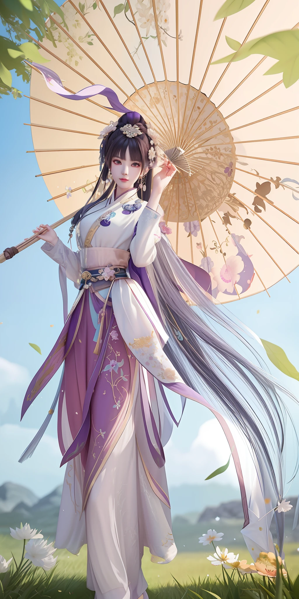 anime girl with long hair and a purple dress holding a parasol, a beautiful fantasy empress, beautiful character painting, inspired by Lan Ying, inspired by Li Mei-shu, 2. 5 d cgi anime fantasy artwork, beautiful render of tang dynasty, palace ， a girl in hanfu, inspired by Qiu Ying, artwork in the style of guweiz