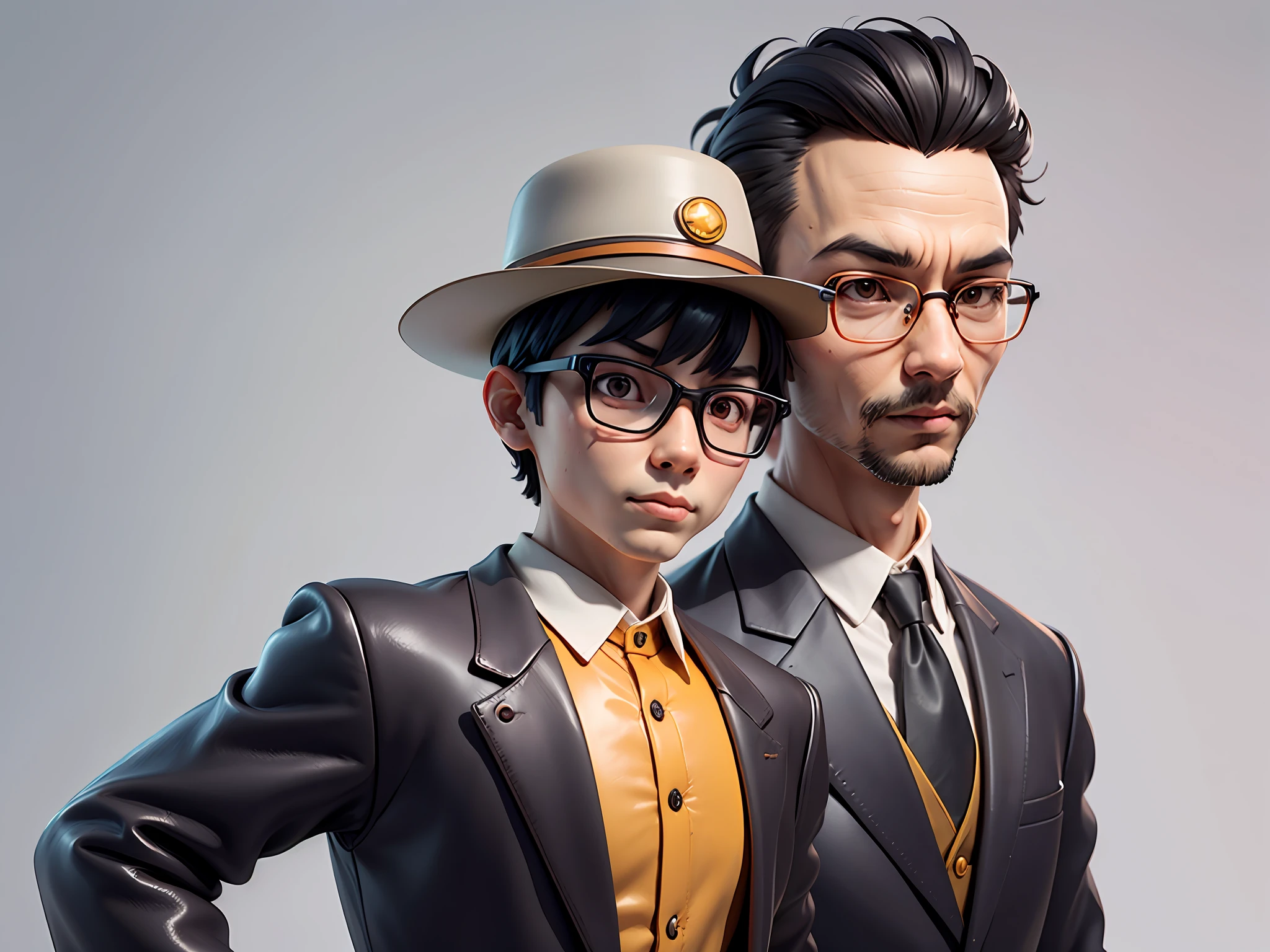 Young man with oriental face in leather hat, tiger, oriental face in formal suit, short black hair, silver glasses, digital painting, 3D character design by Mark Clairedon and Pixar and Hayao Miyazaki and Akira Toriyama, the illustration is a high-definition illustration in 4K resolution with very detailed facial features and cartoon-style visuals.