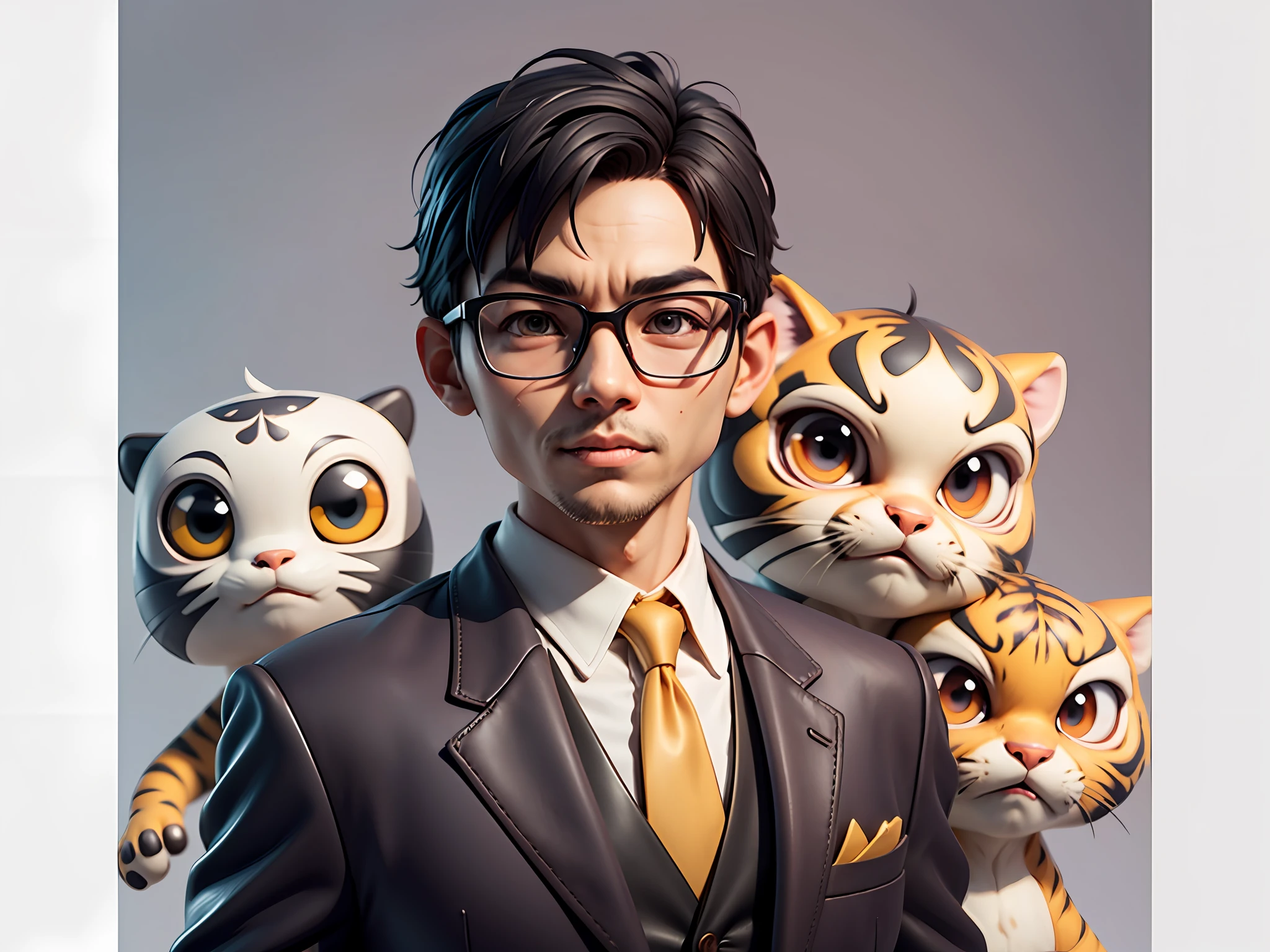 Young man with oriental face in leather hat, tiger, oriental face in formal suit, short black hair, silver glasses, digital painting, 3D character design by Mark Clairedon and Pixar and Hayao Miyazaki and Akira Toriyama, the illustration is a high-definition illustration in 4K resolution with very detailed facial features and cartoon-style visuals.