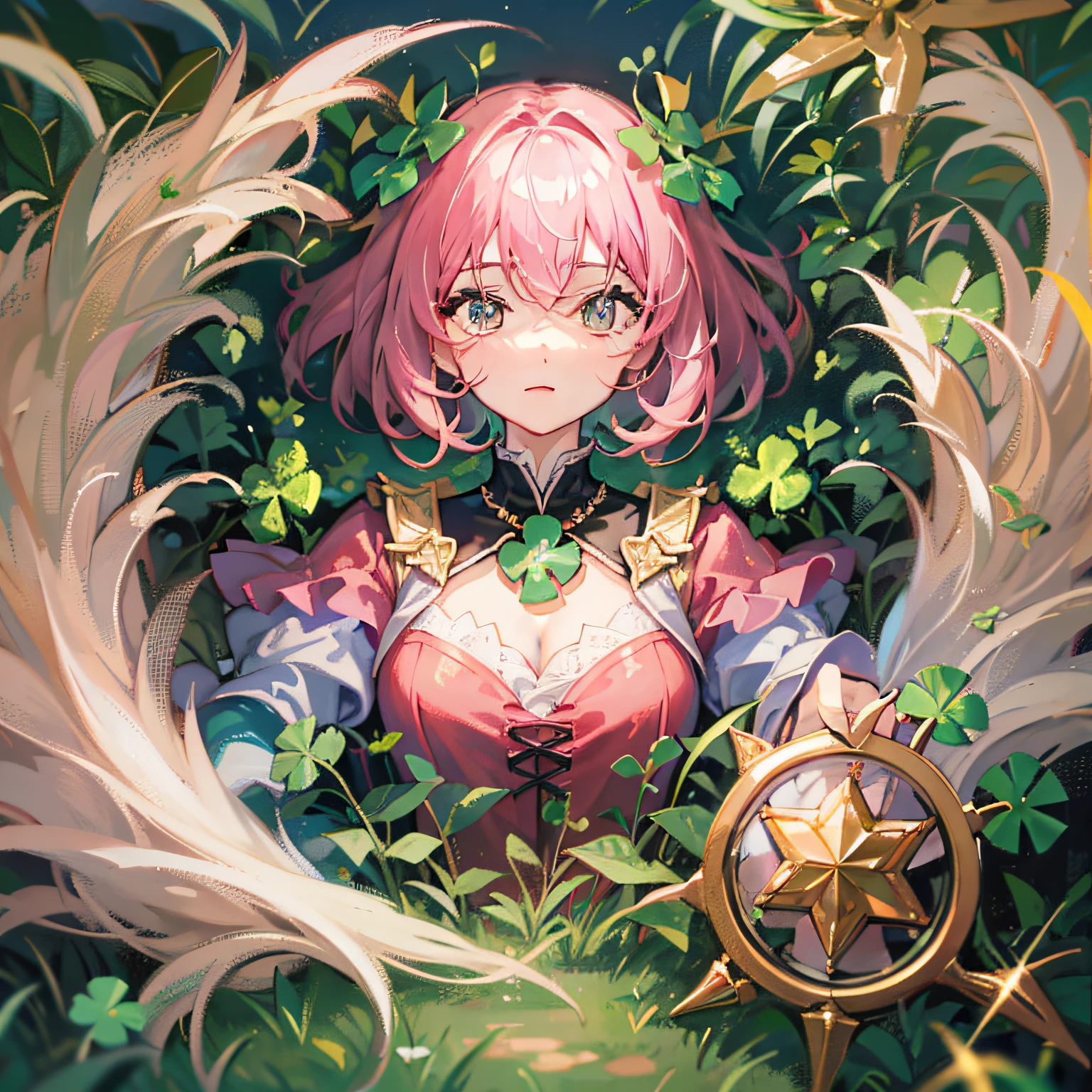 greyt hair，guard，effort，four-leaf clover，gold eyes，Pink clothes，The upper part of the body