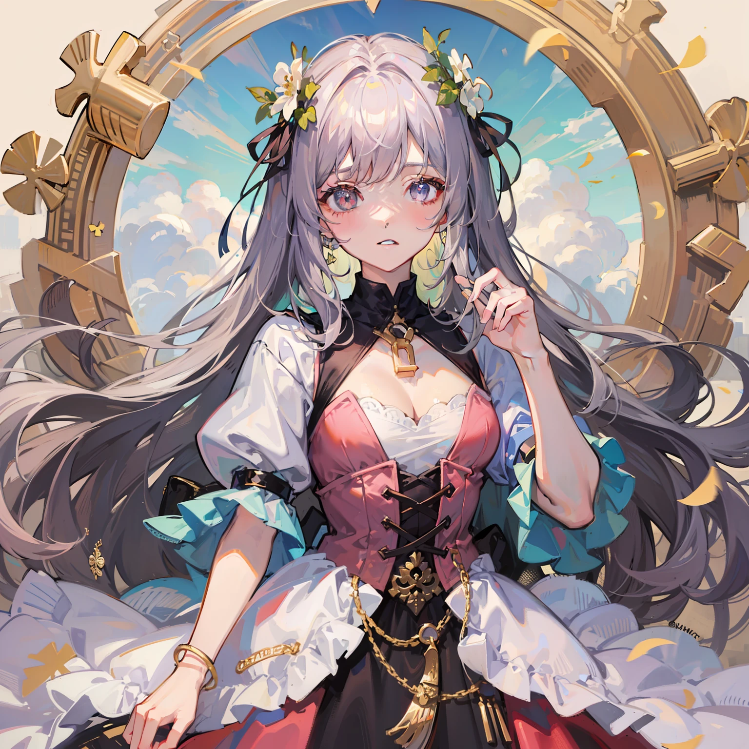 greyt hair,guard,effort,four-leaf clover,gold eyes,Pink clothes,The upper part of the body