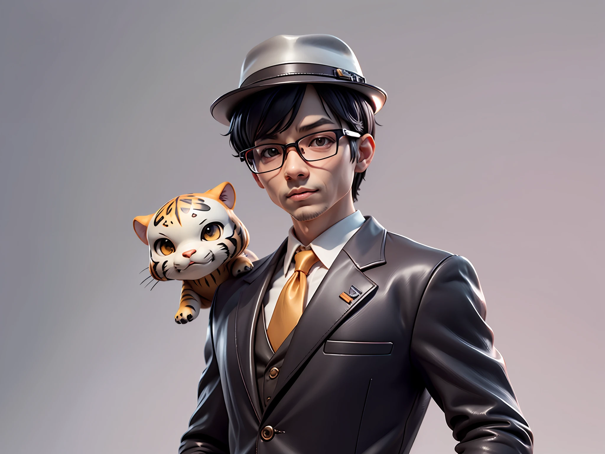 Young man with oriental face in leather hat, tiger, oriental face in formal suit, short black hair, silver glasses, digital painting, 3D character design by Mark Clairedon and Pixar and Hayao Miyazaki and Akira Toriyama, the illustration is a high-definition illustration in 4K resolution with very detailed facial features and cartoon-style visuals.
