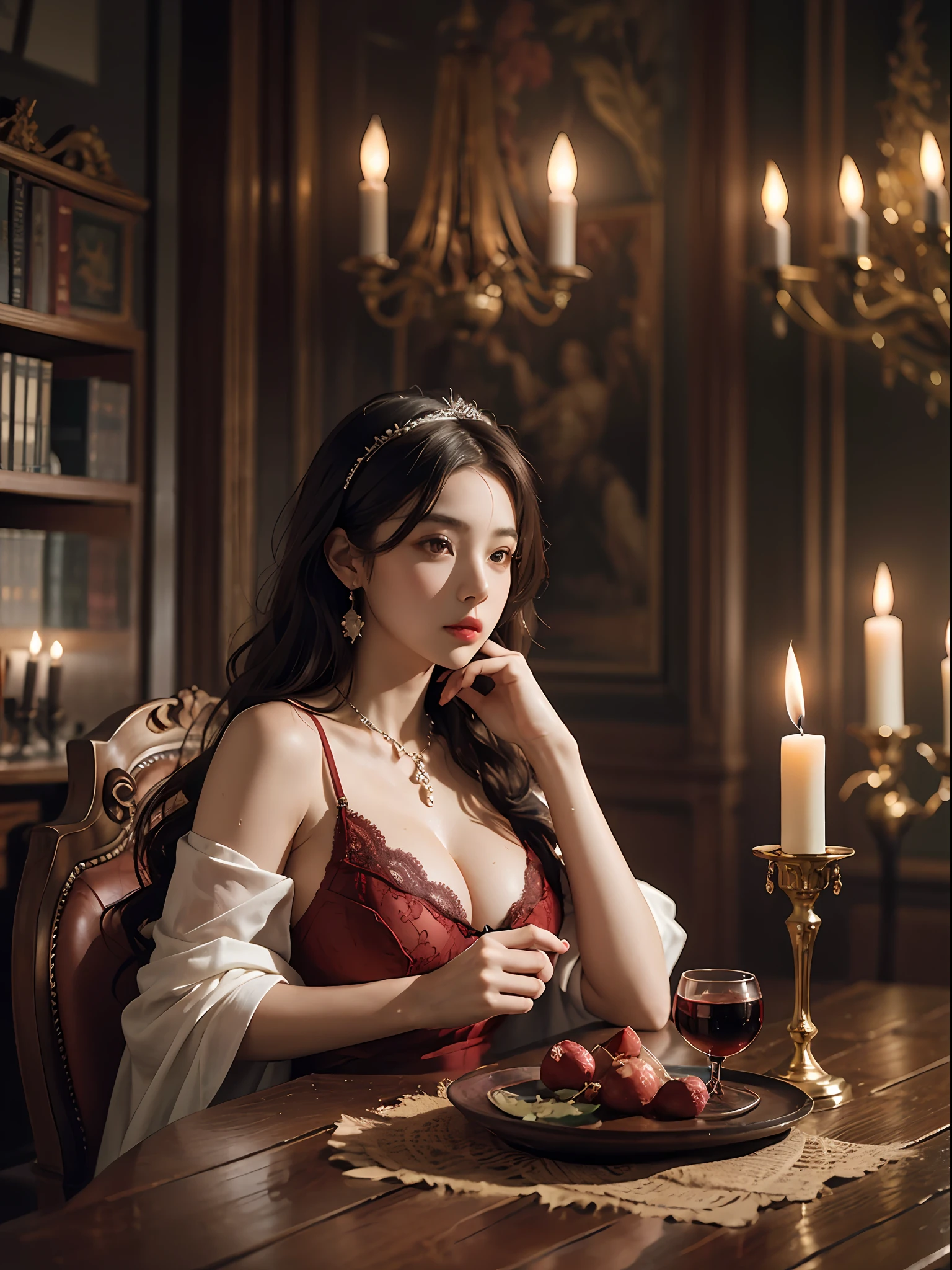 Inside the Baroque style library, 1 european 25 y. o. woman sitting at the table writing a letter, in antique armchair, in front of her glass with red wine in it, some food on table, candlesticks with candles, soft blurry front light, jewels, pendant made of glass, perfect face, rule of thirds, realistic eyes, extra long wavy brown hair, highly detailed hair, on one hand only four fingers + one thumb, proportionate physique, elegant antique environment, in the background columns and statues made of glass, in18th century Baroque style darkened room, antique furnitures, draperies, bokeh, glow, reflections, soft light rays, neutral colors, insanely intricate details, amazing fine detail, photorealistic, hyperrealistic, lifelike texture, dynamic composition, contrast lighting, cinematic lighting, filmstill, sharp focus, wide angle, ((great depth of field)), raw photo, photon metering, dslr, 8k, ultra high res, hyper detailed, Award - winning photograph, Masterpiece, photography with Hasselblad, f5.6 lens 500mm, Kodak Portra 400 4x5, beautiful princess,perfect face, beautiful face, perfect female body, extra long wavy brown hair, highly detailed hair,green eyes,mature female,crown,sexy red lace gossamer cloak,sexy red lace gossamer coat,sexy red lace gossamer shawl,sexy red gossamer skirt,sexy red lace underwear,sexy red lace thong,red lace gloves,sexy stockings,necklace,earrings,jewels,jewelry,head ornaments,hands ornaments,legs ornaments,high heels,huge breasts,large breasts,big boob,Burst breasts,Big breasts,Plump breasts,Expose breasts,uncovered breasts,Narrow waist,Bare ass,big ass,bare belly,bare navel,wet,wet body,sweating body,shiny skin,pubic hair,