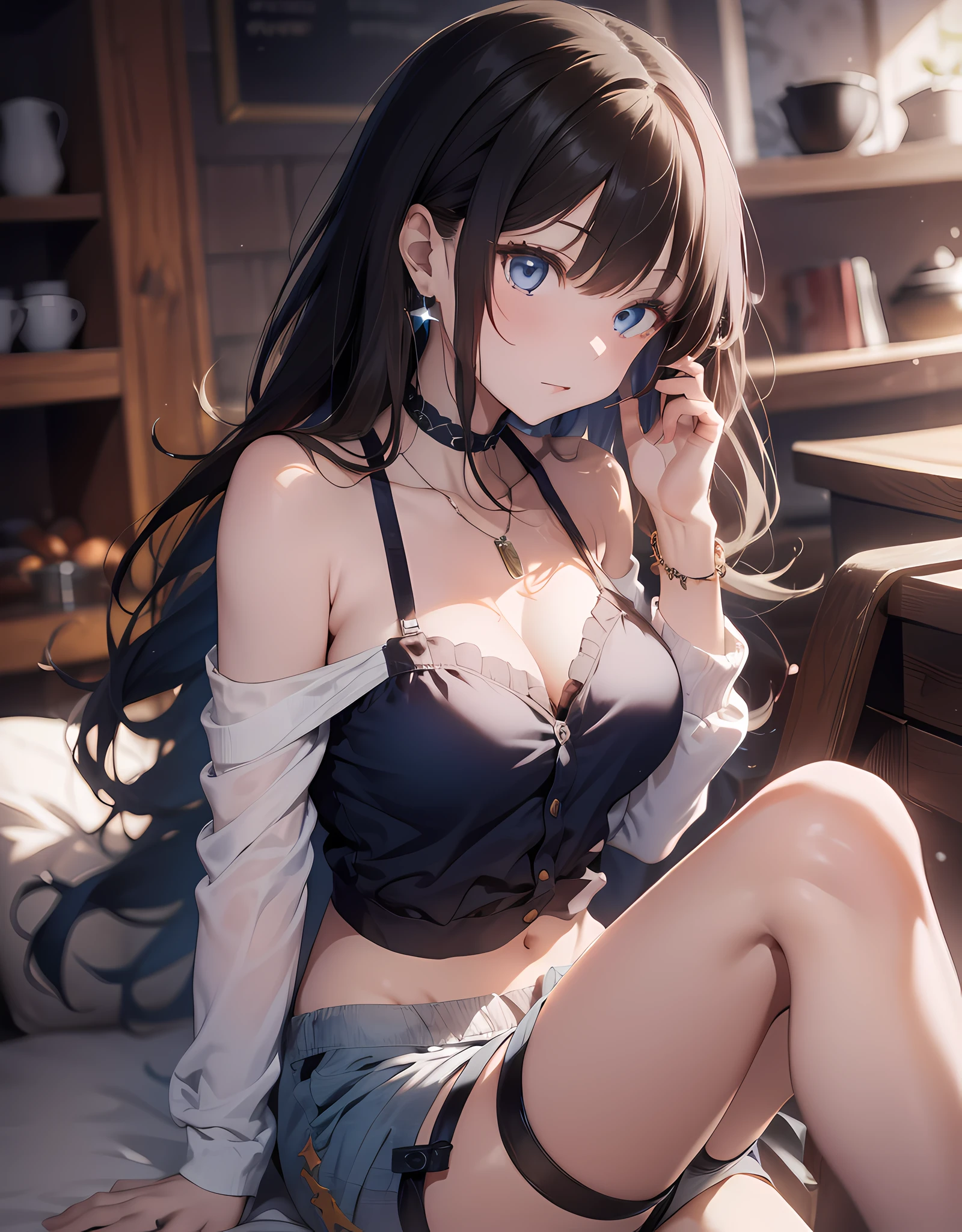 1girl, (solo:1.2), ((masterpiece)), [slim], (large breasts:1.27), (pale skin:1.3), ((detailed blue eyes)), (bokeh effect), (dynamic angle), dynamic pose, Paris cozy cafe, starry brown eyes, chestnut with wavy hair, (white bare shoulder silk tops and a shorts:1.3), necklace, ring earing, arms down, hands between legs,