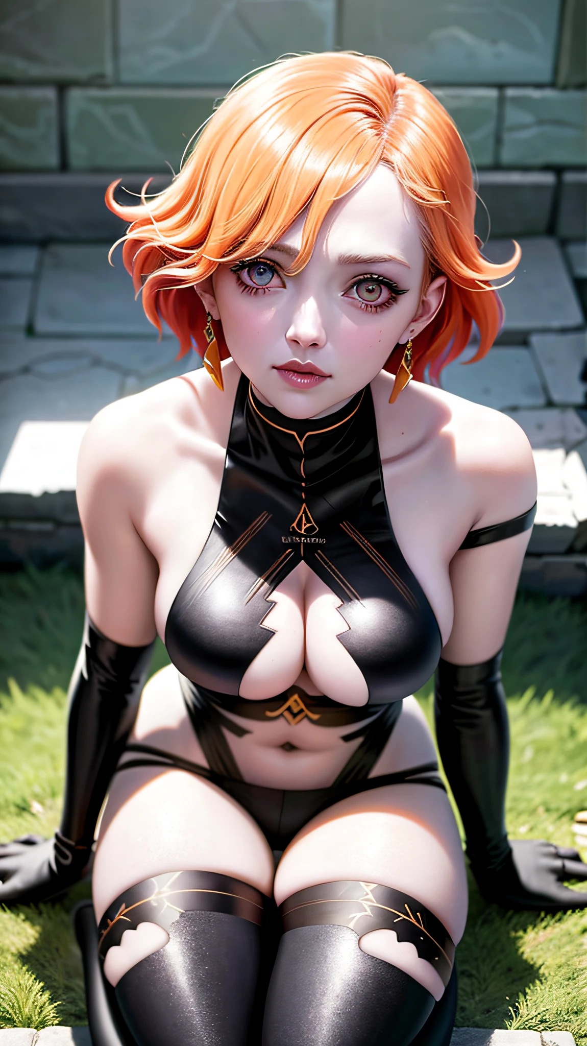Vampire, red hair redheaded woman braids with freckles red eyes scarlet a strangulation and strangler on the head sticky fishnet black combination, vampire, sang