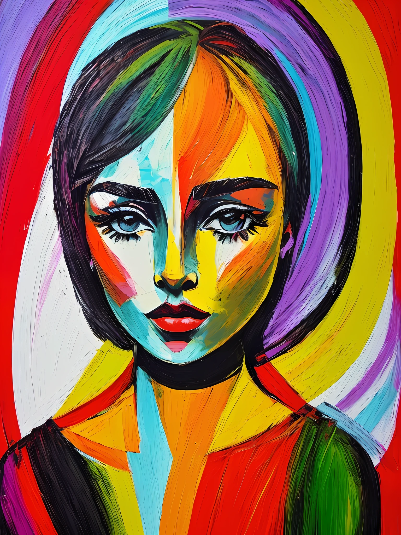 (abstracionismo:1.3), pintura, rosto sem forma, linhas negrito, sharped image, 8k, Anel luminoso, cartaz, HDR, mulher, Picasso
