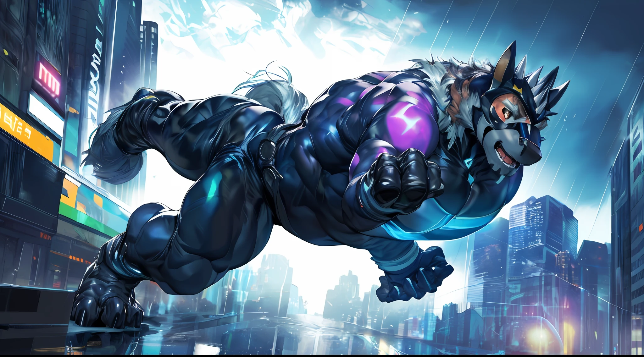 2d, masterpiece, best quality, 4k, 8k, ultra highres, raw photo in hdr, sharp focus, photo realism ,real life like, in a night city, detailed background, solo, (gloves, mask, skin tight), big pink, sweat, (by null-ghost, by thebigslick, by darkgem, by honovy), Horse anthro, male focus, perfect golden eyes, full body, sfw, Rain, jumping off building, cape