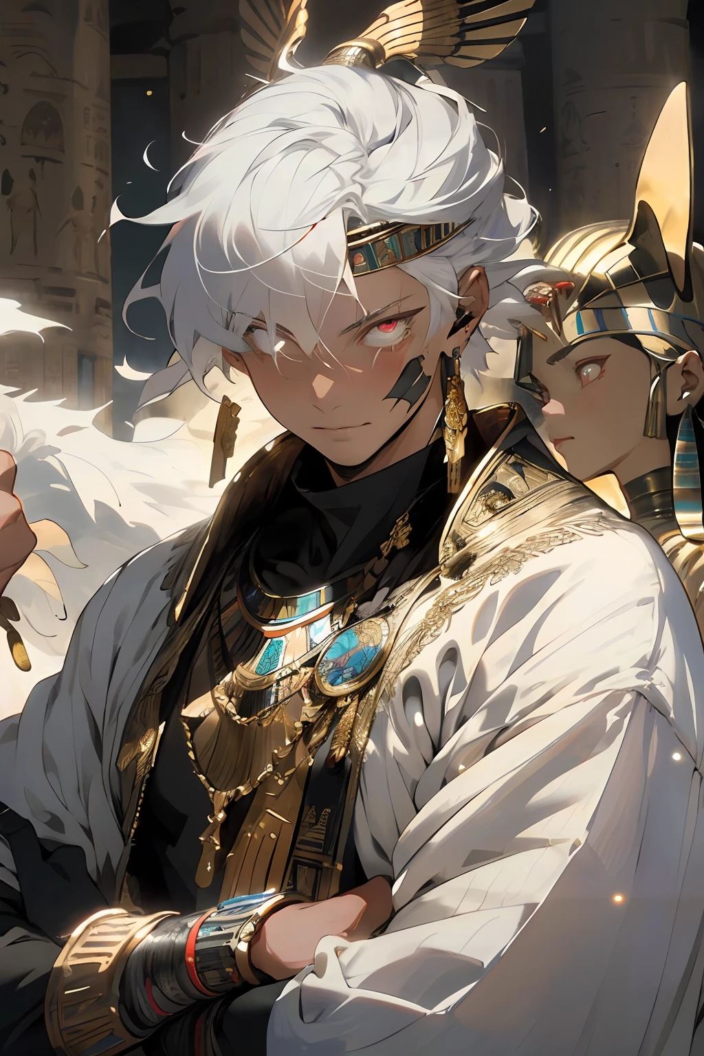 Realistic, (masterpiece, top quality, best quality, official art,), very detailed, most detailed, (1boy:1.3), gods, white hair, (glowing red eyes), mysterious, (magic), handsome men, ((Egyptian style)), headdresses, gold ornaments, bandages, pharaohs
