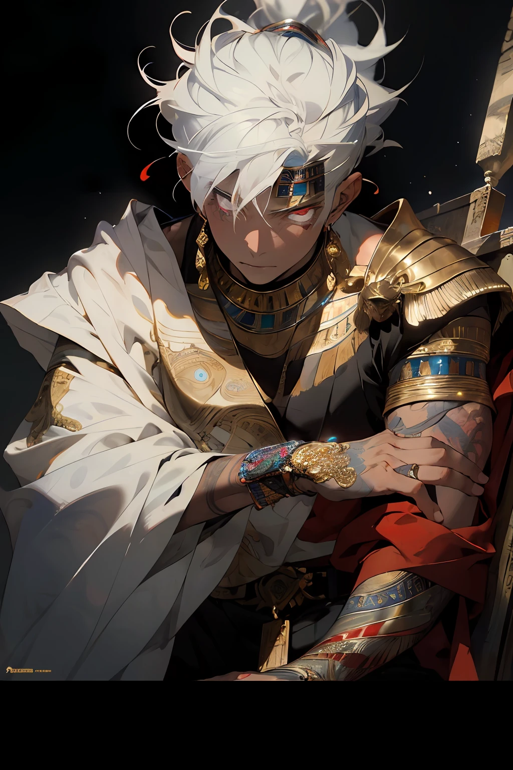 Realistic, (masterpiece, top quality, best quality, official art,), very detailed, most detailed, (1boy:1.3), gods, white hair, (glowing red eyes), mysterious, (magic), handsome men, ((Egyptian style)), headdresses, gold ornaments, bandages, pharaohs