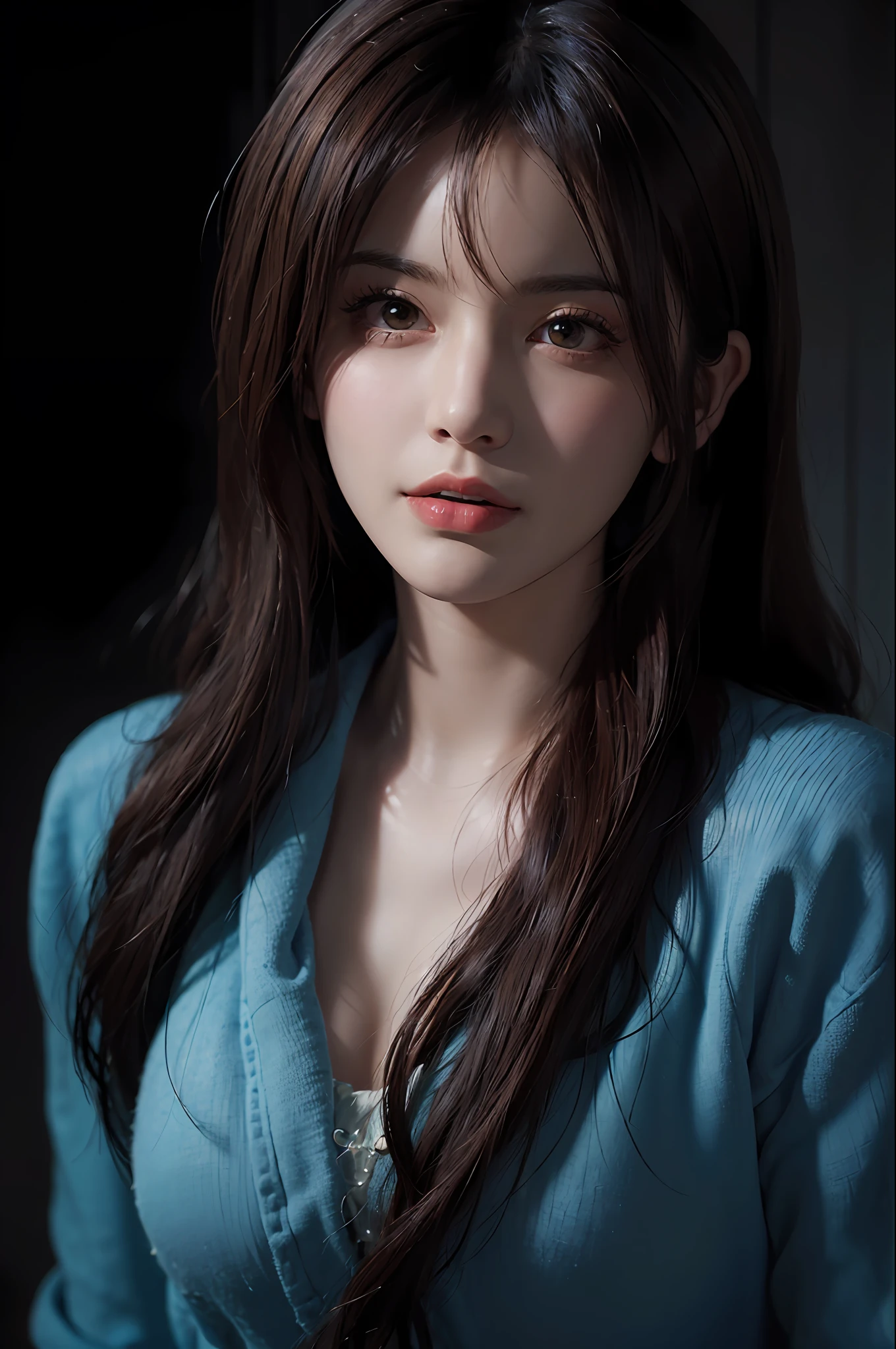 (front focus), (in the dark:1.6), Hyperrealist portrait of female by david hockney and alphonse mucha, fantasy art, photo realistic, dynamic lighting, artstation, poster, volumetric lighting, very detailed faces, 4 k, award winning, 1girl, in the dark, deep shadow, low key, cowboy shot, (official clothing:1.4), long hair, white hair