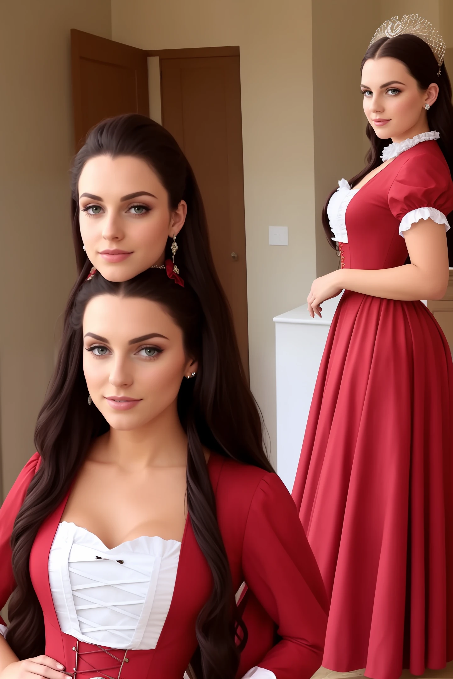 Long-haired beauty in period costume red clothes