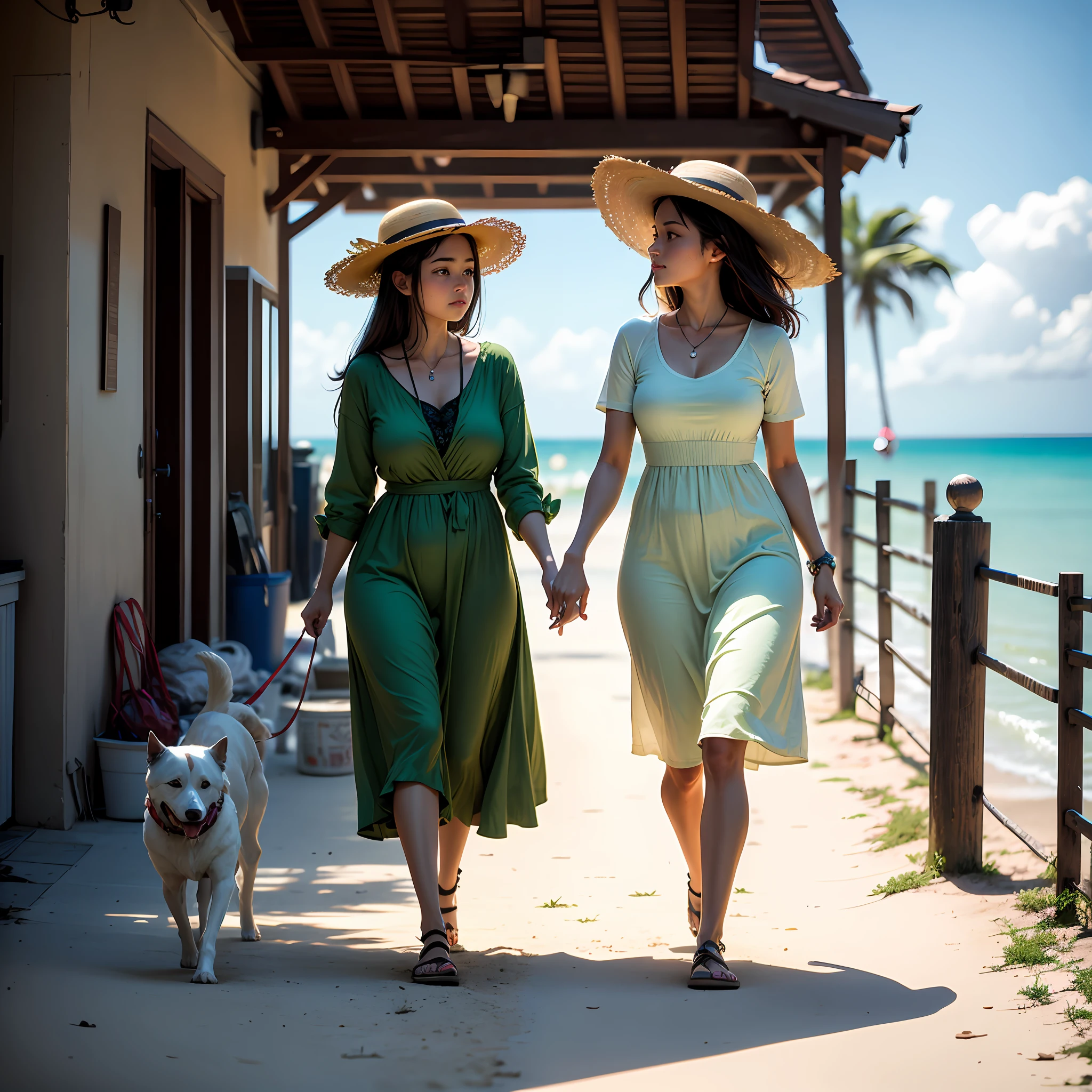 One wears a straw hat，Teenage girl in long light green dress walking her dog on the beach --auto