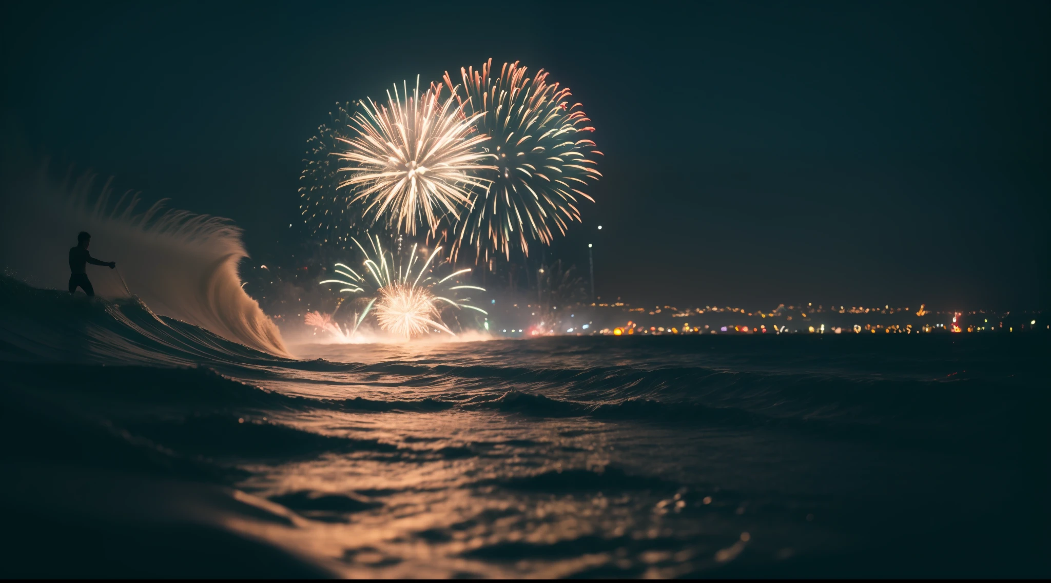 Beach great fireworks, many fireworks, Fireworks cover the sky, colorful fog, colorful flower, Colorful rocks, sony a7, film gain, a dark night, Cinematic lighting, Photorealistic, one-point perspective, 32K, diffuse reflection, colorful shiny particles, colorful water splash, sharpness, Big wave, Lens Flare, sharp reflection light