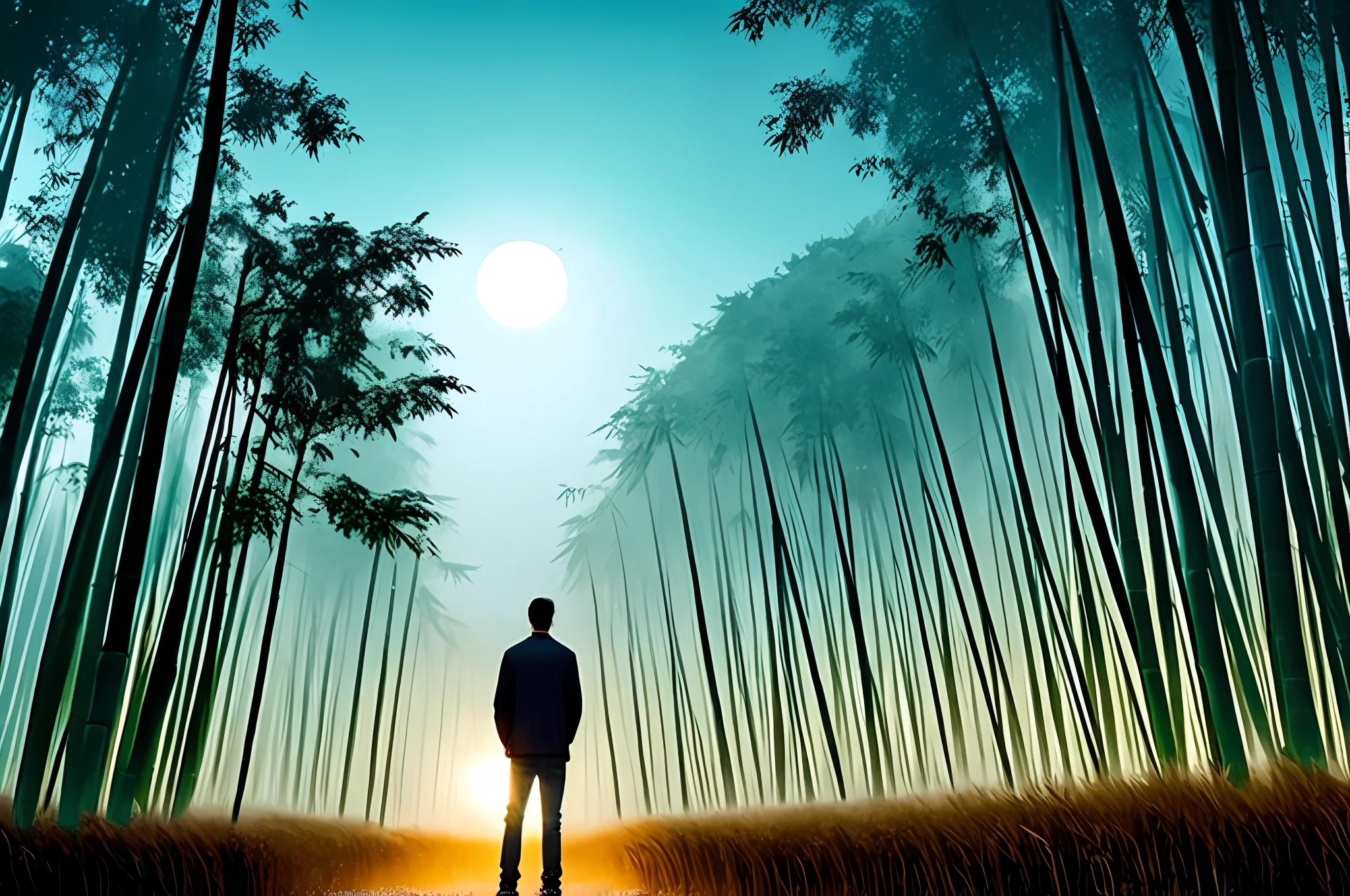 A man stands in a bamboo forest at night，A thick fog rose around, Only the hazy back can be seen