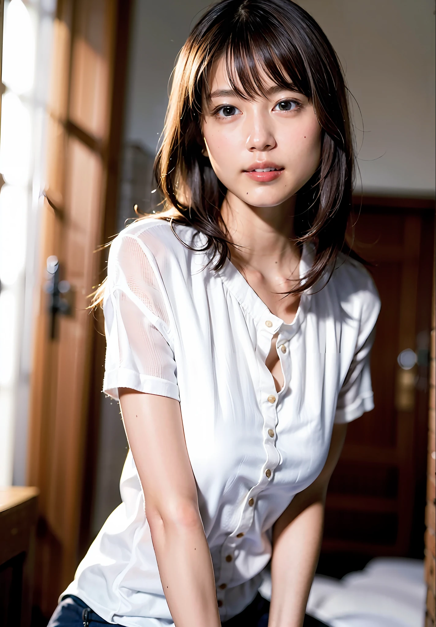 (8k, RAW photo, best quality, masterpiece:1.2), (photorealistic:1.6), (masterpiece),(best quality:1.0), (ultra highres:1.0), detailed, 40yo girl , solo , detailed beautiful skin, Detailed room, realistic skin, medium breasts, best quality, super high resolution, cute, long hair, smile, white shirt, sitting on bed,