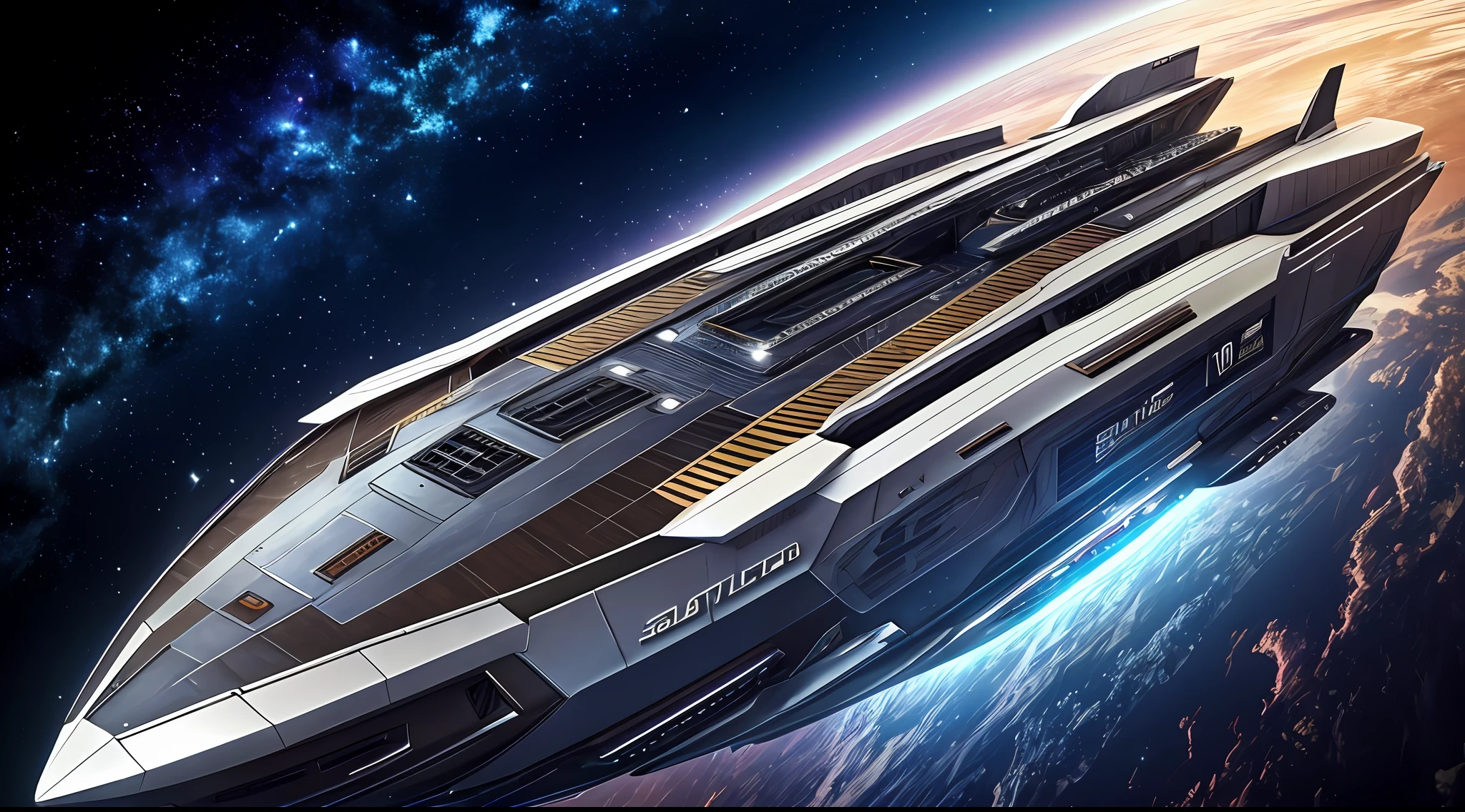 The largest Battlestar Galactica,The future is full of technology,Sophisticated and complex structures,Ultra-detailed graphics,glittery,(Intense metallic luster:1.3),((对称:1.3))(Cockpit exterior),Medium close-up and close-up,Silvertone,(Outer space scene:1.3),((Telefocus earth background:1.4)),rendering by octane,Ultra photo realsisim,hyper realisitc,A masterpiece of science fiction,Cinematic texture,hyper photorealism,Premium wallpapers,Master masterpieces,offical wallpaper.(Screen Living:1.3),(cross-section:1.3),Still shooting,(Sharply defined:1.3)