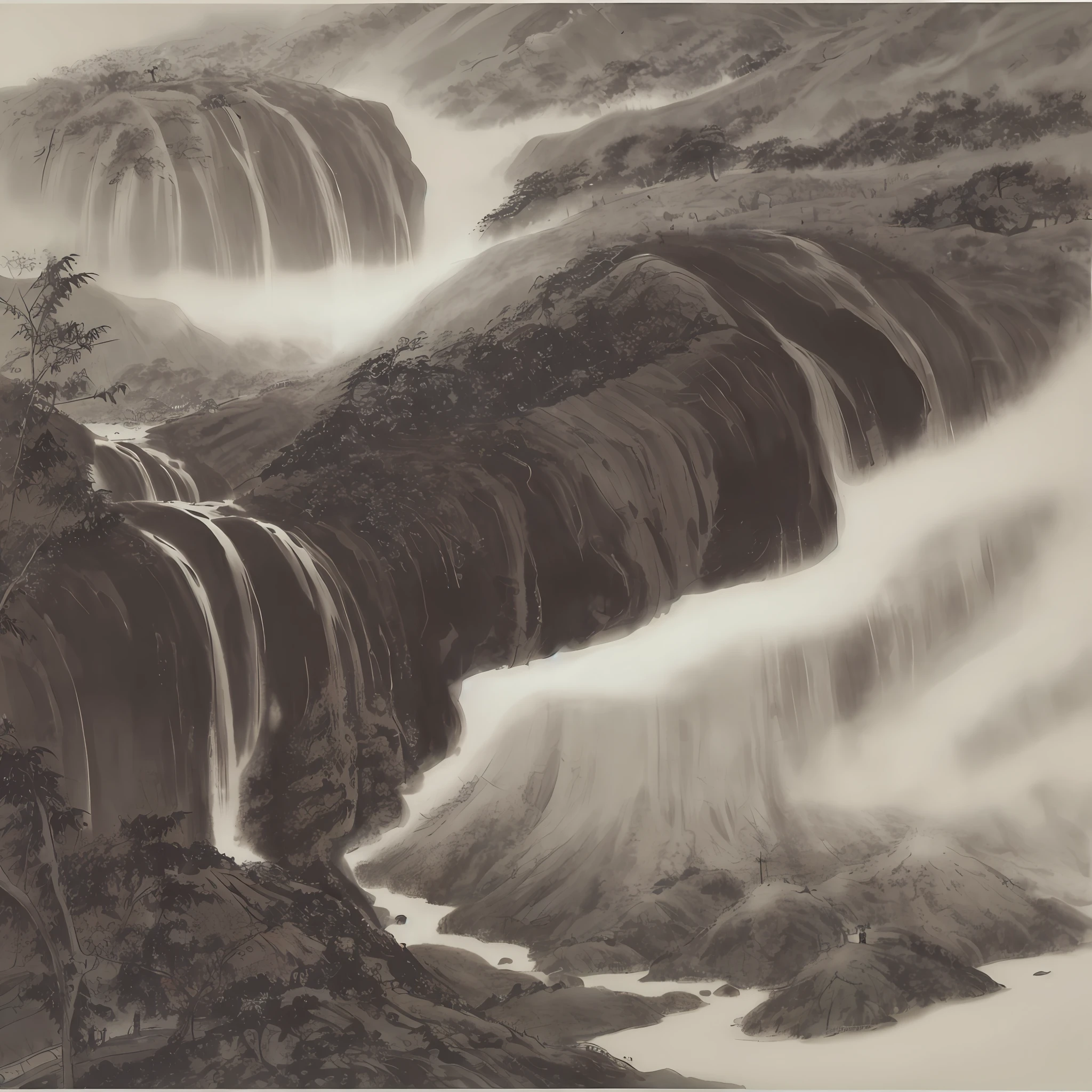 Ink wind，China-style，black andwhite，landscape painting，Natural rendering，Water halo，Far Mountain，rios，bamboo forrest，landscape，Perfect picture proportions，Black and white tones