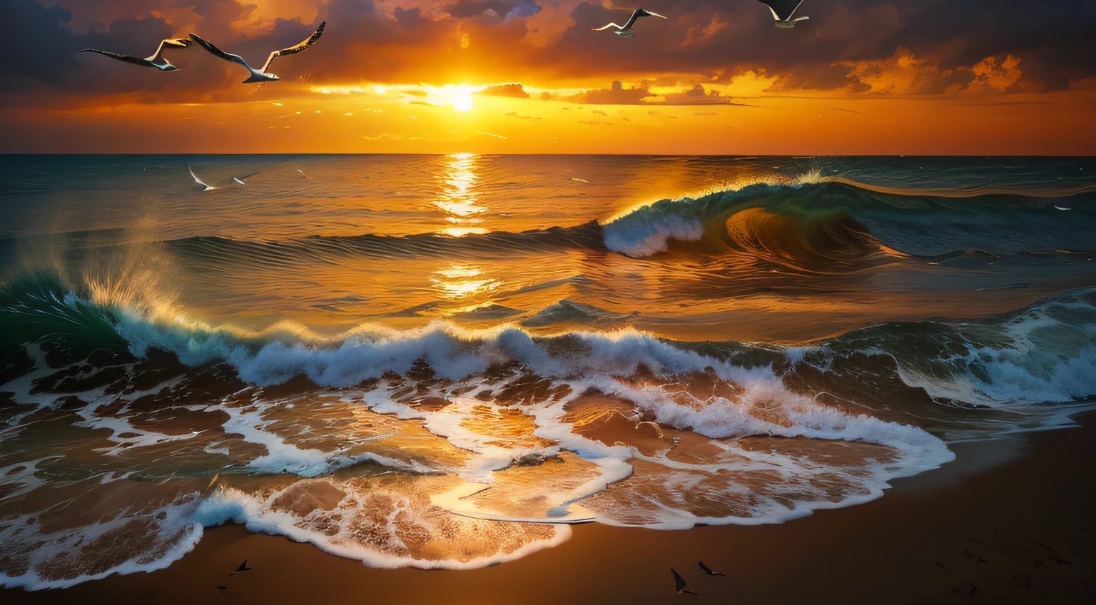 (Painting style:freshen,Full of temperature,Scenes:Beach sunset,Soft and wonderful,Rainbow light spot flow,the detail:Seagulls soar,Palm leaves dance softly,Tranquil seawater,The white sand stretches as far as the eye can see。)+(1girll),Bare legged,Wear a short skirt,Arm hug stand on the beach,Wave into the distance。"