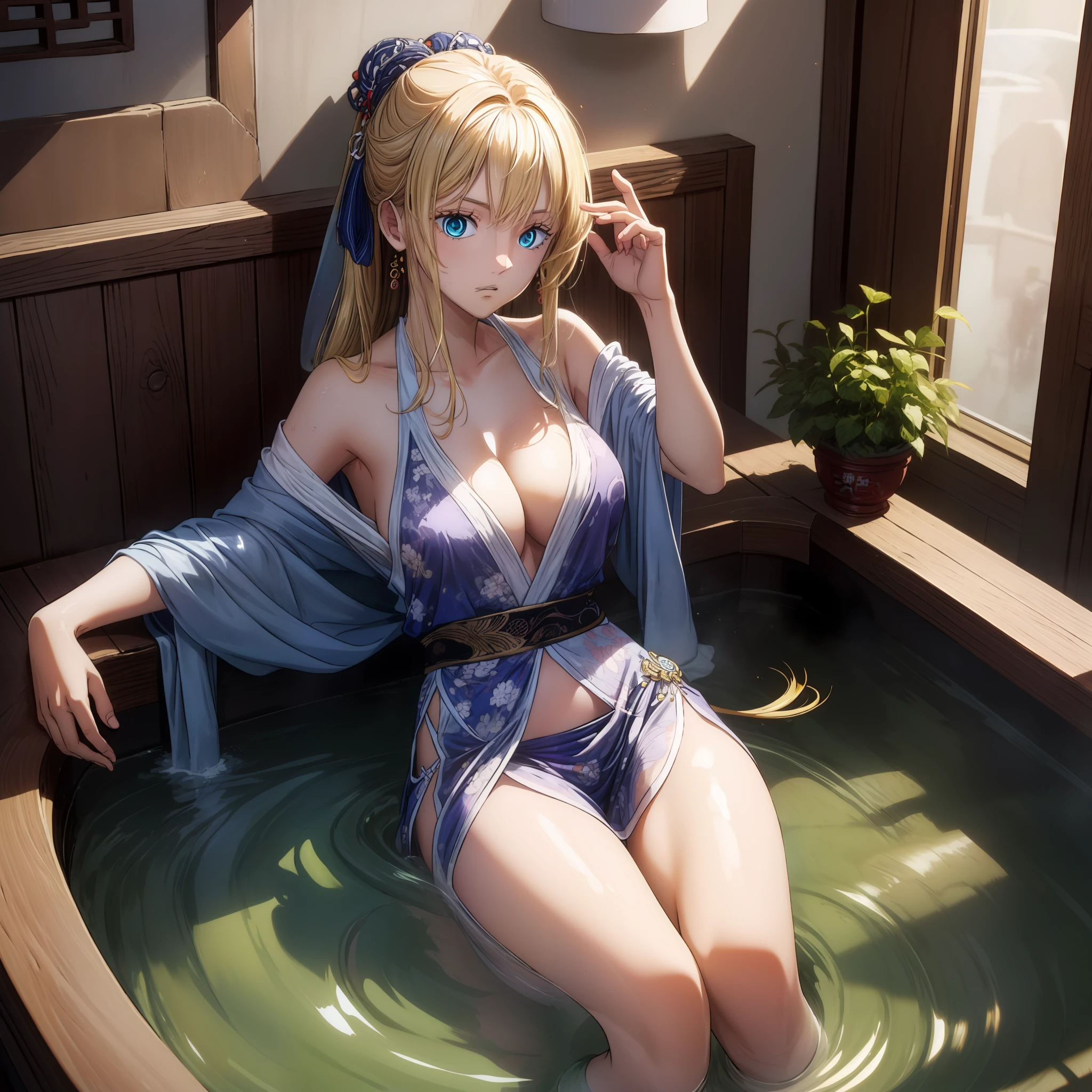 photorealestic，Chinese ancient style，Exotic，Beauty out of the bath，with hair dishevelled，Disheveled clothes，blonde with blue eyes，Big chest，High transparency of clothes，Hold your clothes over your chest with your hands
