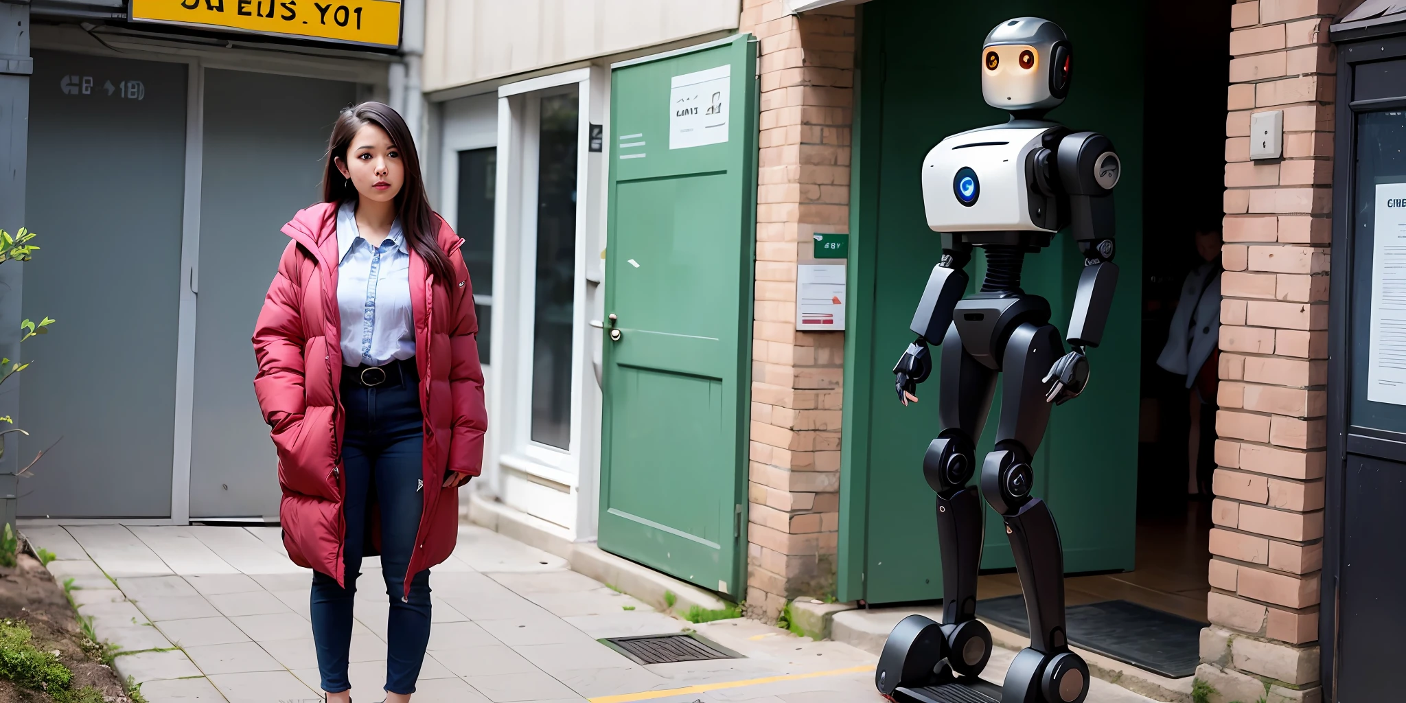 A woman stands in front of a robot