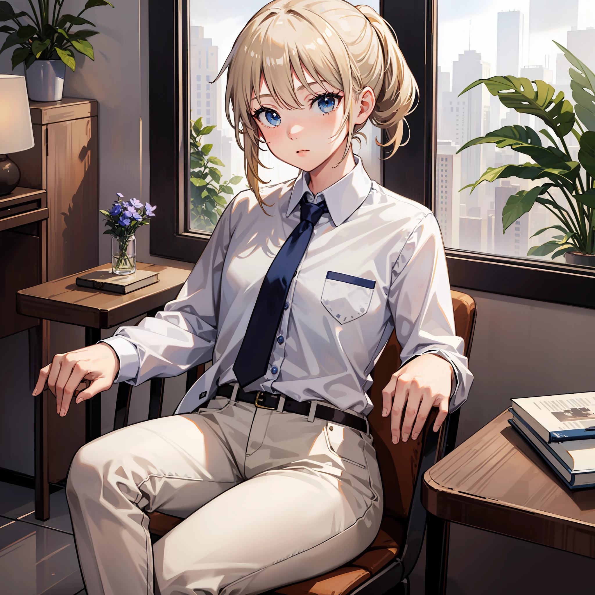 a girl,22years old,blonde hair,low ponytail,medium hair,blue eye,Medium-sized chest,white shirt,necktie,black trousers,black shoes,sit on a chair,indoor,masterpiece,best quality