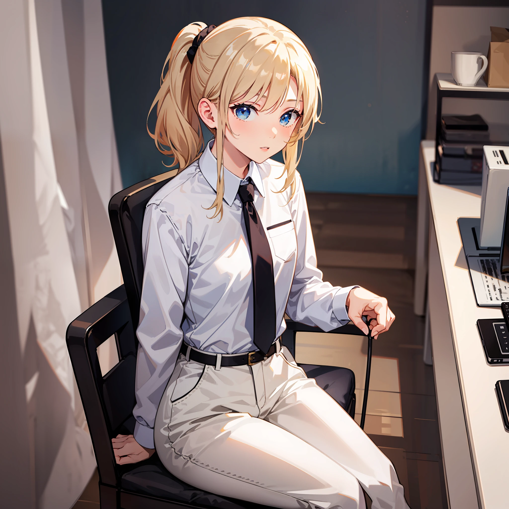 a girl,22years old,blonde hair,low ponytail,medium hair,blue eye,Medium-sized chest,white shirt,necktie,black trousers,black shoes,sit on a chair,indoor,masterpiece,best quality
