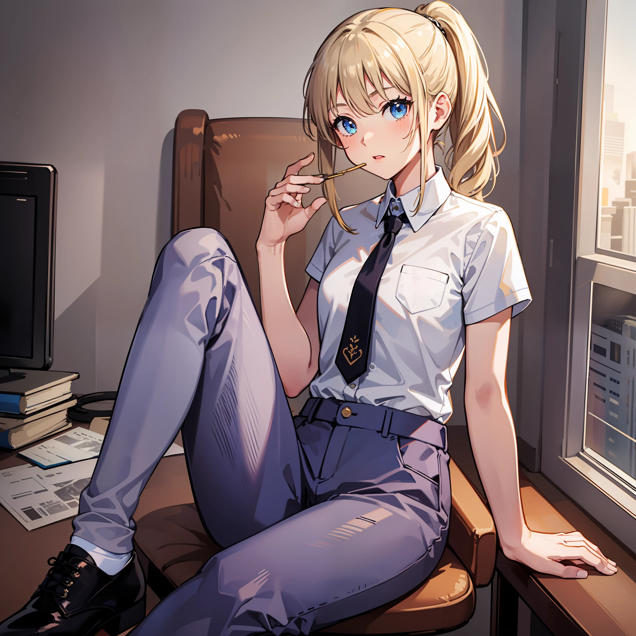 a girl，22years old，blonde hair，low ponytail，medium hair，blue eye，Medium-sized chest，white shirt，necktie，black trousers，black shoes，sit on a chair，indoor，masterpiece，best quality