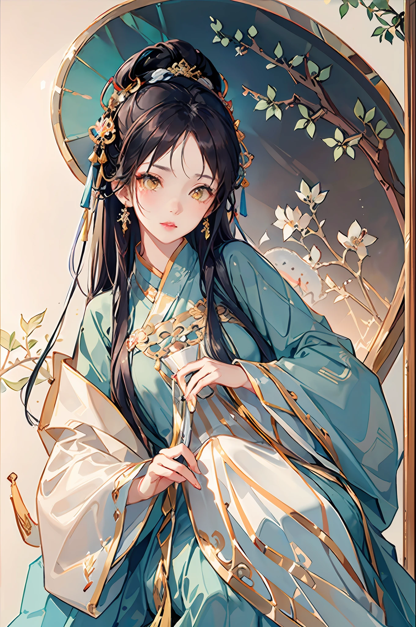 Best quality at best,Complicated details,A high resolution,(beautiful detailed water:1.4),(Hanfu,Tang Feng),yellow eyes,(Girl in a glass jar:1.1),no clothes are worn