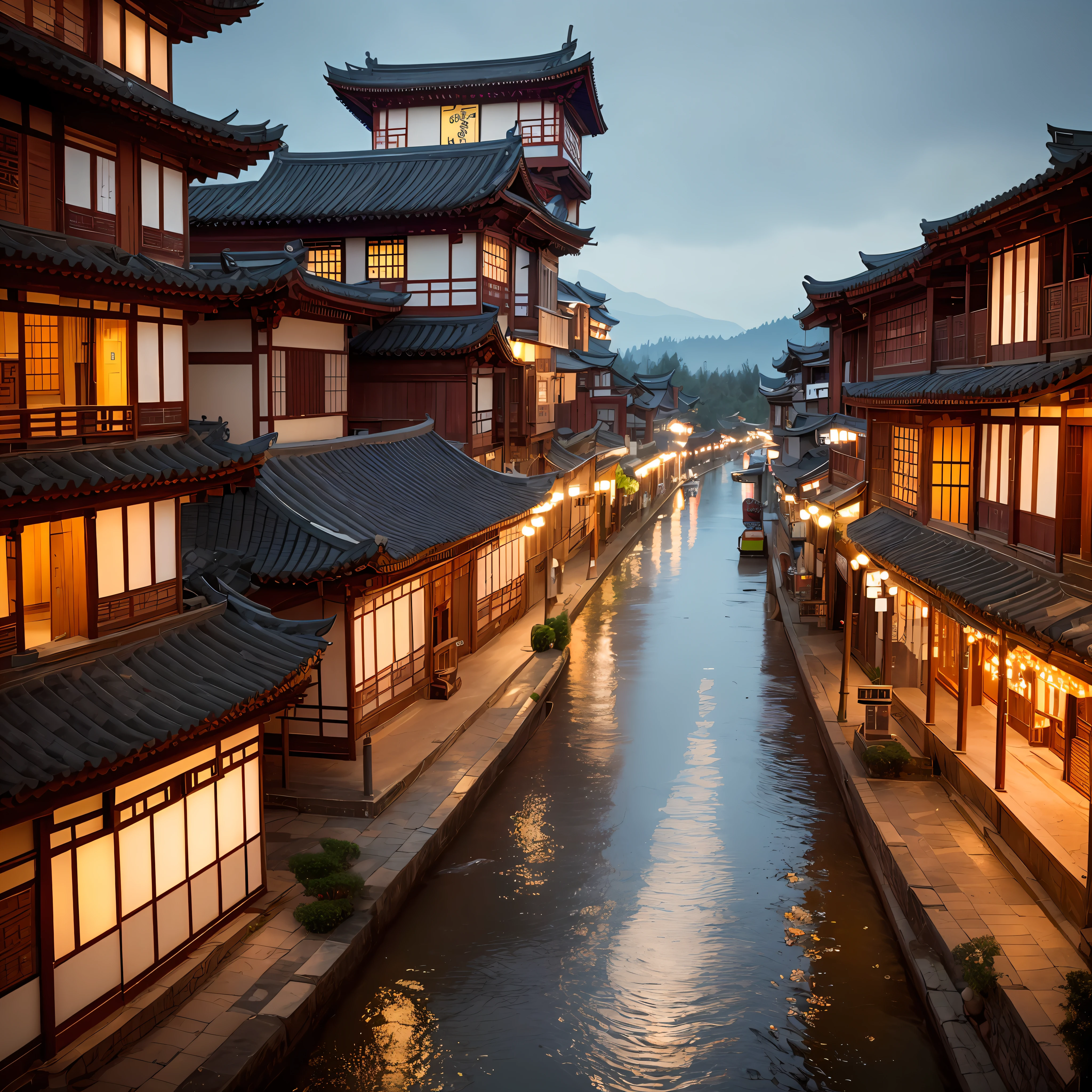 arafed view of a village with a lot of lights on the buildings, dreamy chinese town, chinese village, amazing wallpaper, japanese town, japanese village, hyper realistic photo of a town, old asian village, japanese city, by Raymond Han, rainy evening, cyberpunk chinese ancient castle, beautifully lit buildings, at evening during rain, beautiful and aesthetic, photography, cinematic, 8k, high detailed ((Heavy rain))) --auto