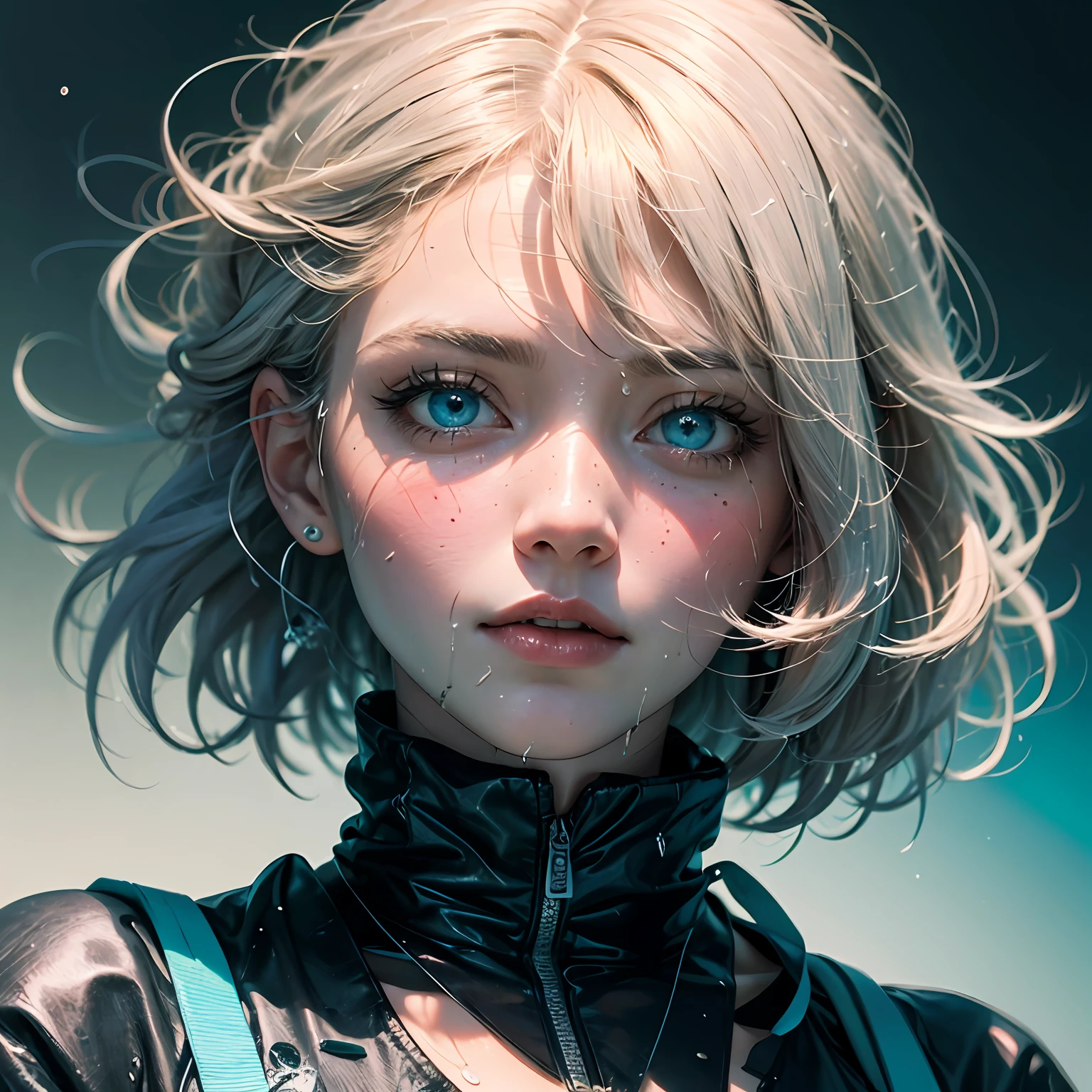 blueneyes, Lori huge breasts cleavage, white hair, wet hair, ribbon, aqua eyes, gradient eyes, short hair, messy hair, wet hair, nose blush, full-face blush, high detail, UHD, masterpiece, textured skin, high details, high quality, highres, 16k, UHD, masterpiece, ccurate, super detail, high details, high quality, best quality, 16k --auto
